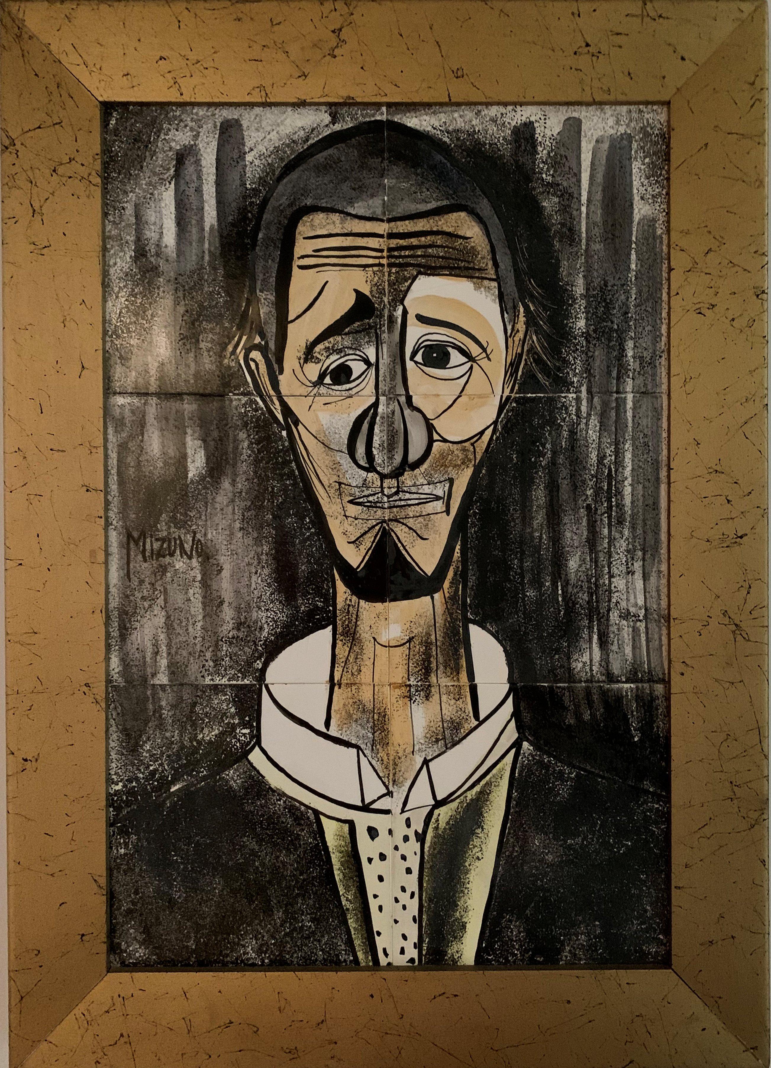 Ceramic Tile Portrait of a Man, Mid-Century Modern Cubist Japanese Artist - Mixed Media Art by Mineo Mizuno