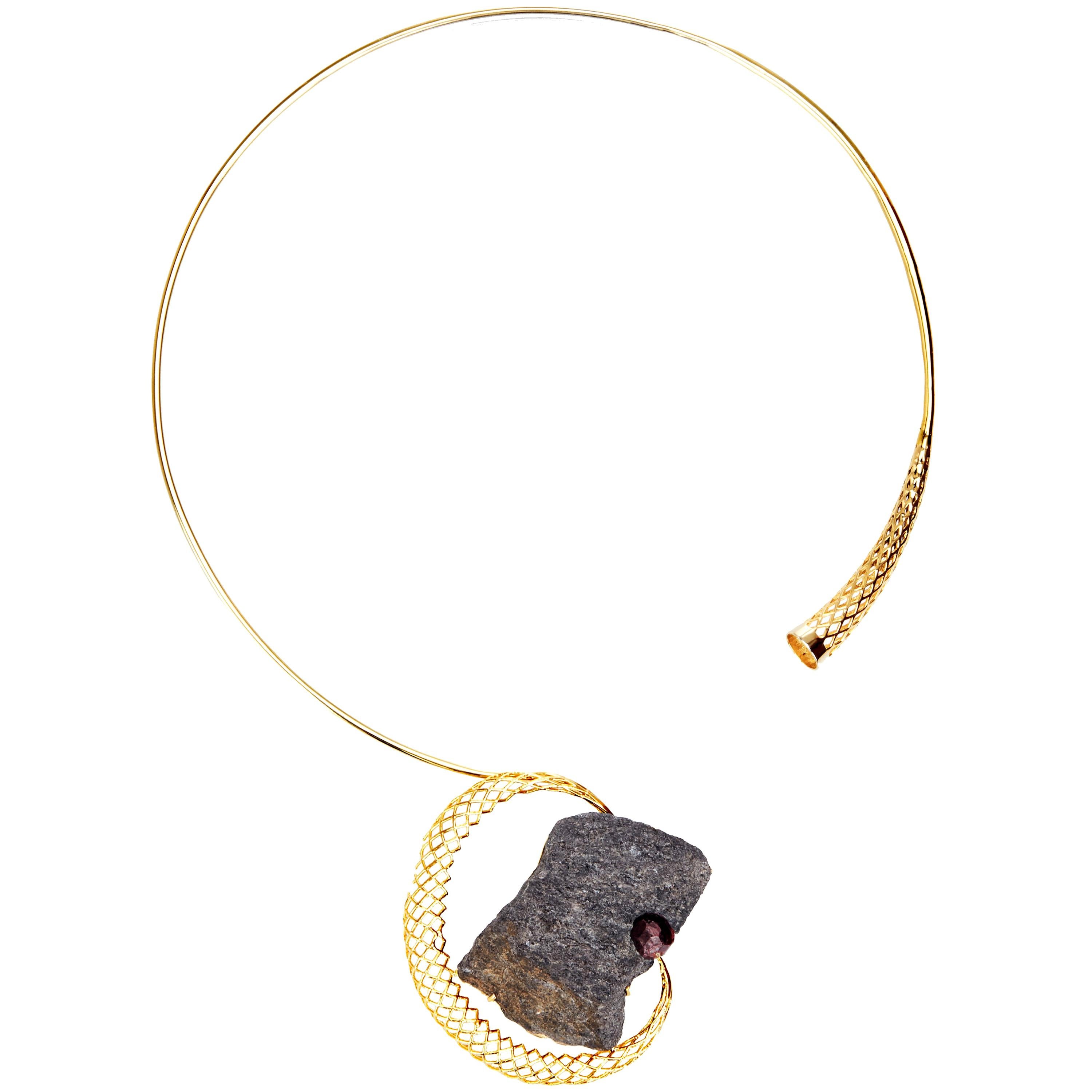 Yemyungji Mineral Collection Almandite Garnet 18 K Gold Great Impact Necklace For Sale