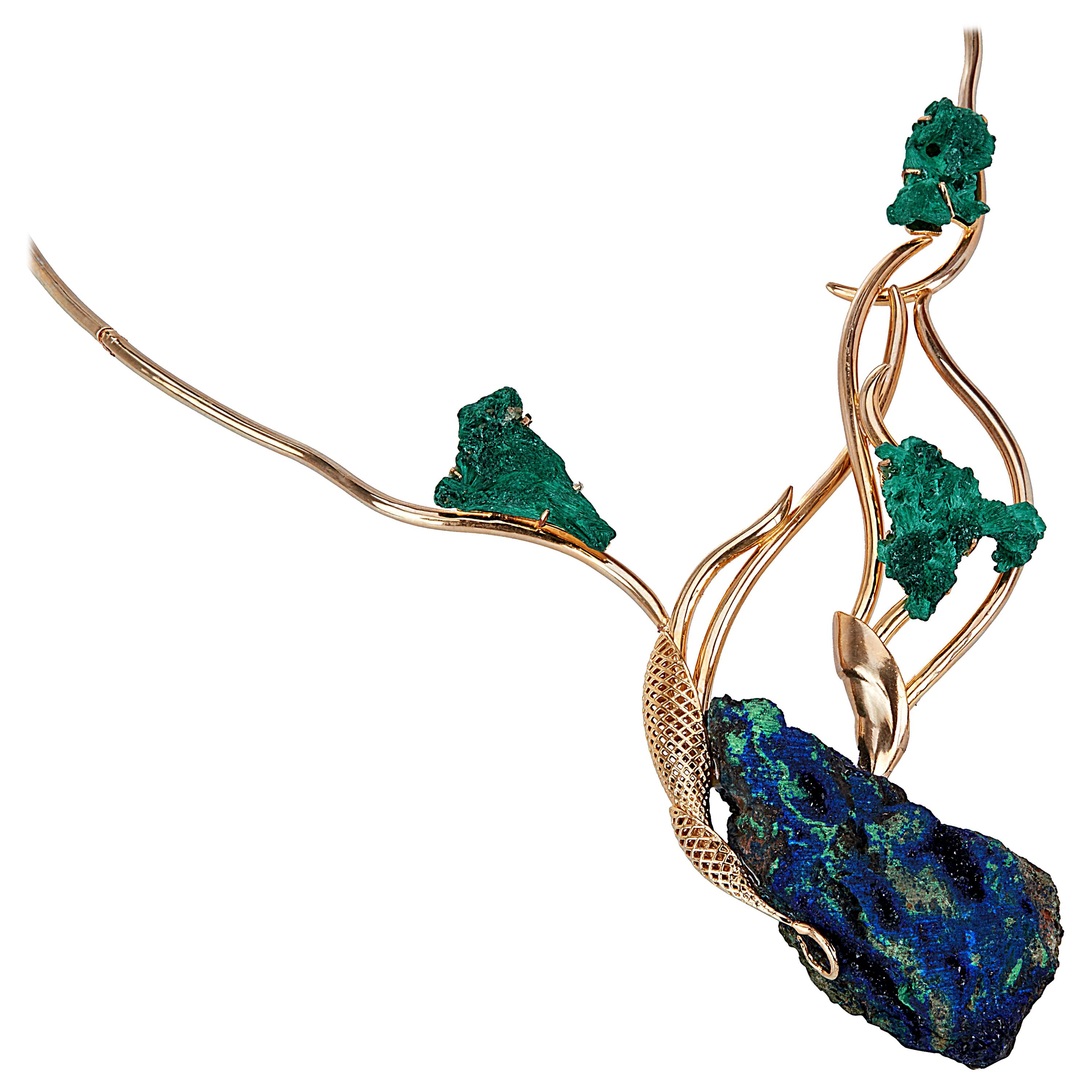 Yemyungji Mineral Collection Malachite 18K Yellow Gold Birth of Life Necklace For Sale