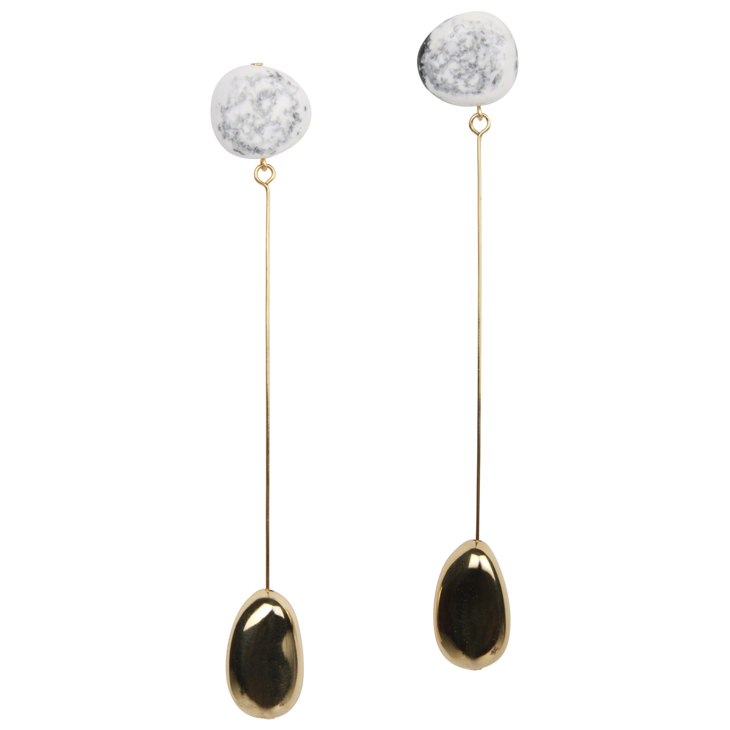 Resin and Brass Mineral Drop Earrings in White Marble For Sale