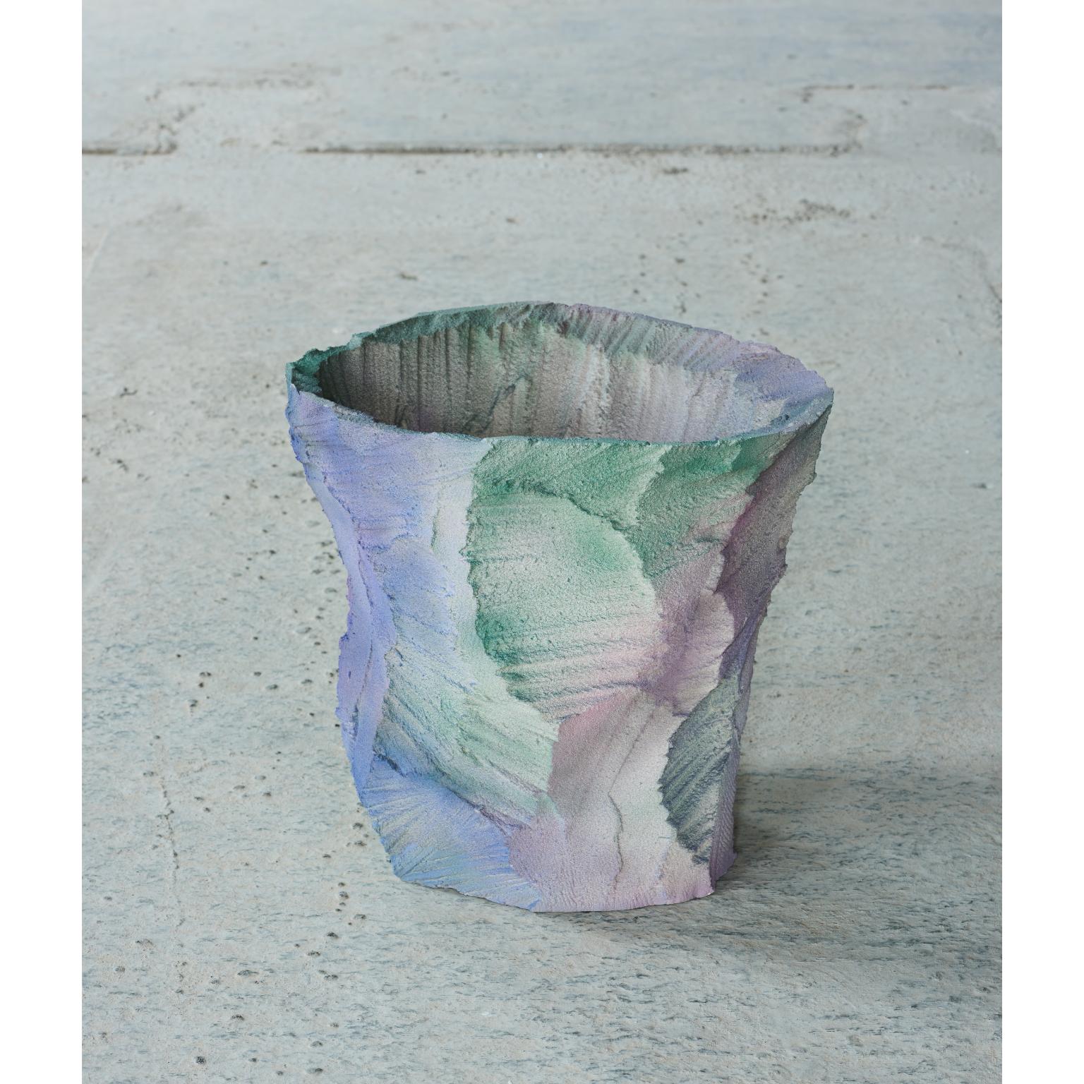 Mineral layer vase by Andredottir & Bobek
Dimensions: W 60 x H 45 cm
Materials: Reused foam/mattress and jesmontite hardner in color green, purple, pink fade.

Artificial Nature is a collaboration between the artist and design duo Josephine