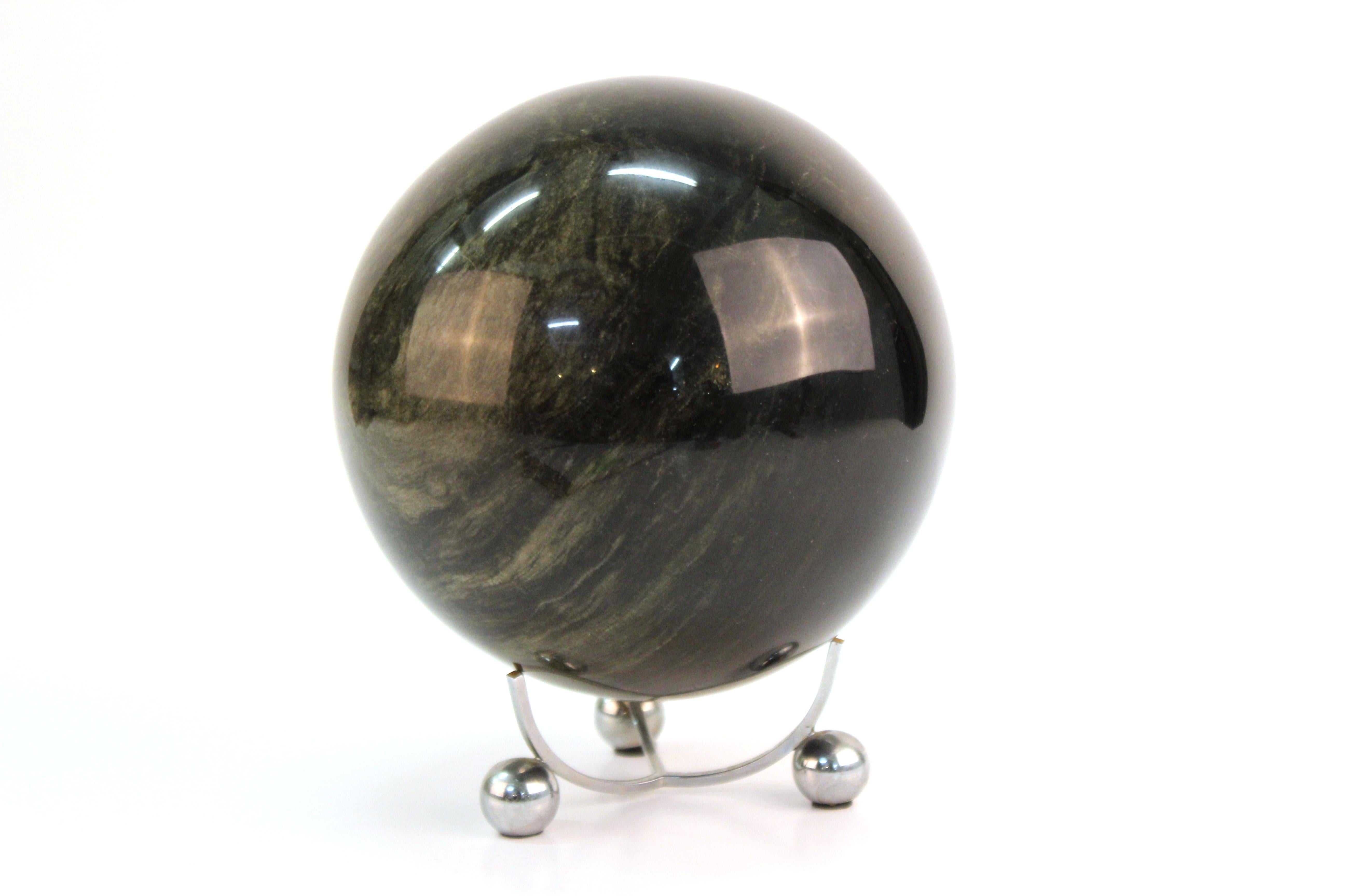 Mineral specimen sphere displayed on a tripod Art Deco stand. The piece is in great vintage condition, with some minor wear to the display stand.