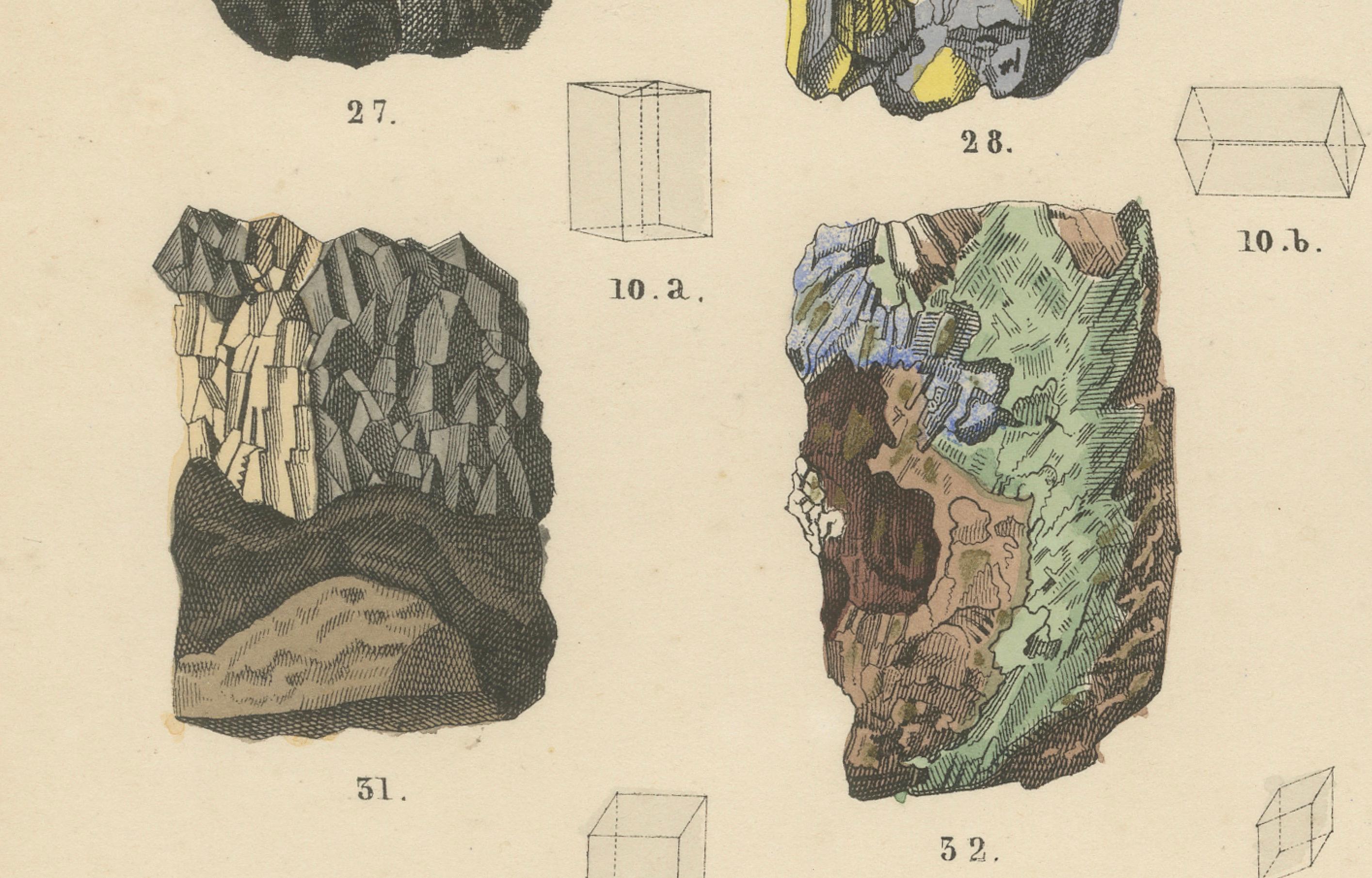 Minerals & Crystals Print: Quartz, Calcite, Ore Rocks, Crystal Shapes – Antique 1867

This detailed antique print depicts a variety of minerals, rocks, ores, and crystal shapes rendered in fine hand-coloured engravings. It originates from the Atlas