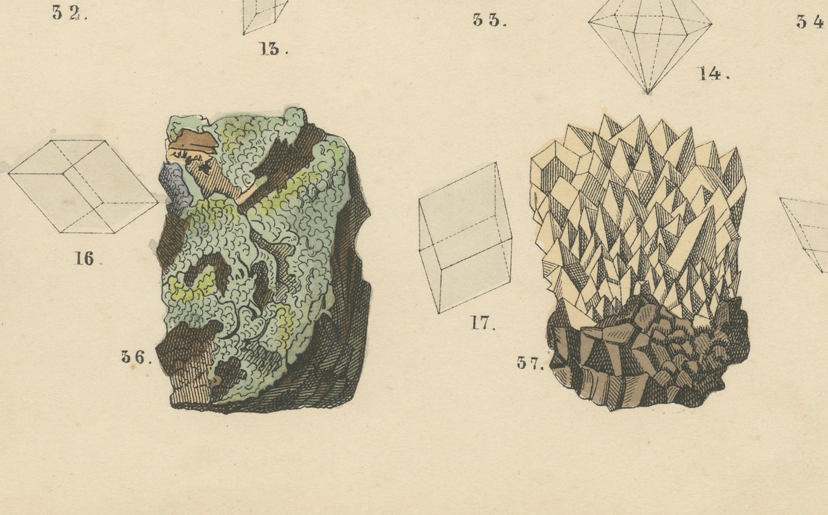 German Minerals & Crystals Print: Quartz, Calcite, Ore Rocks, Crystal Shapes – 1867 For Sale