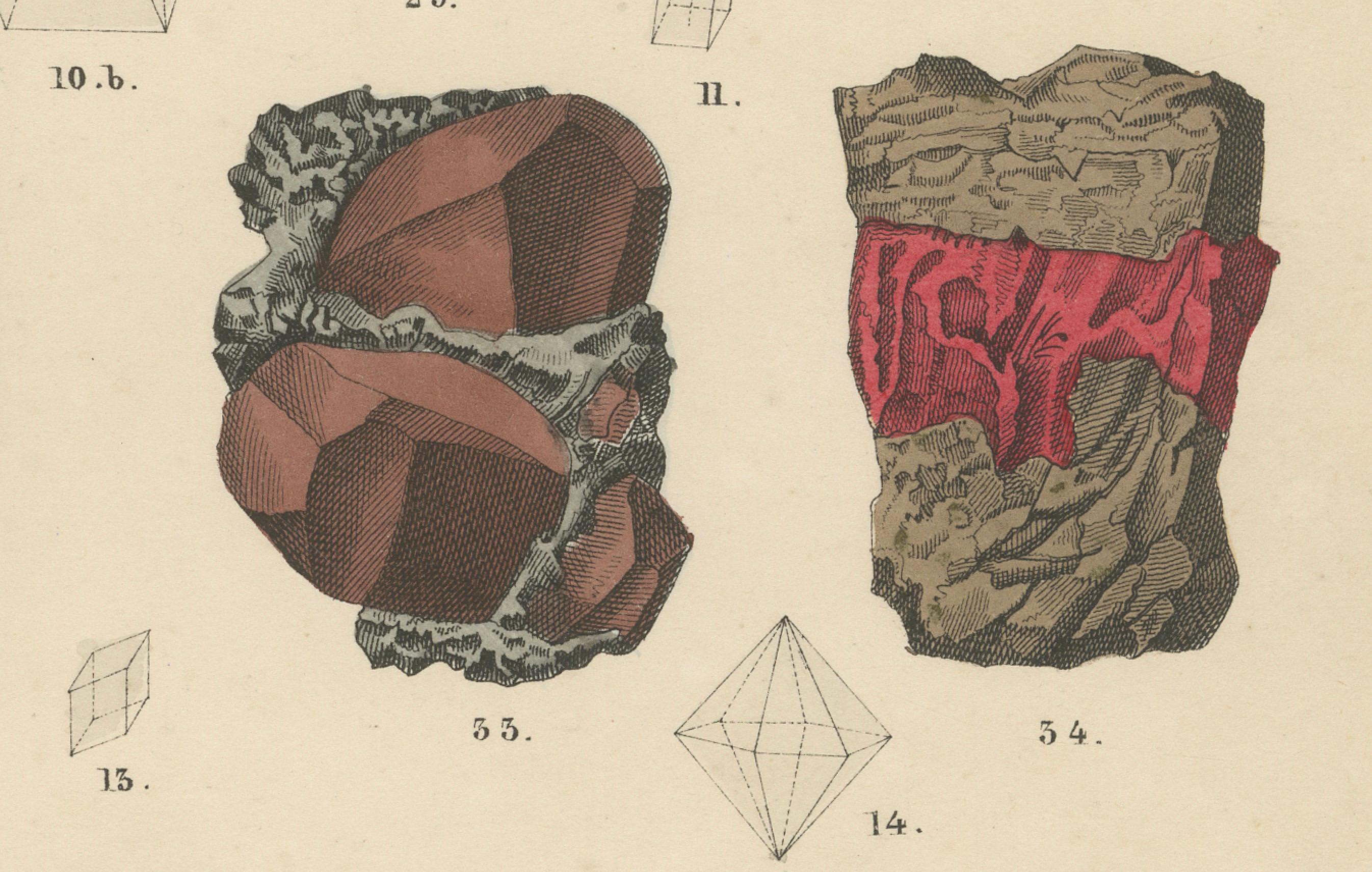 Minerals & Crystals Print: Quartz, Calcite, Ore Rocks, Crystal Shapes – 1867 In Good Condition For Sale In Langweer, NL