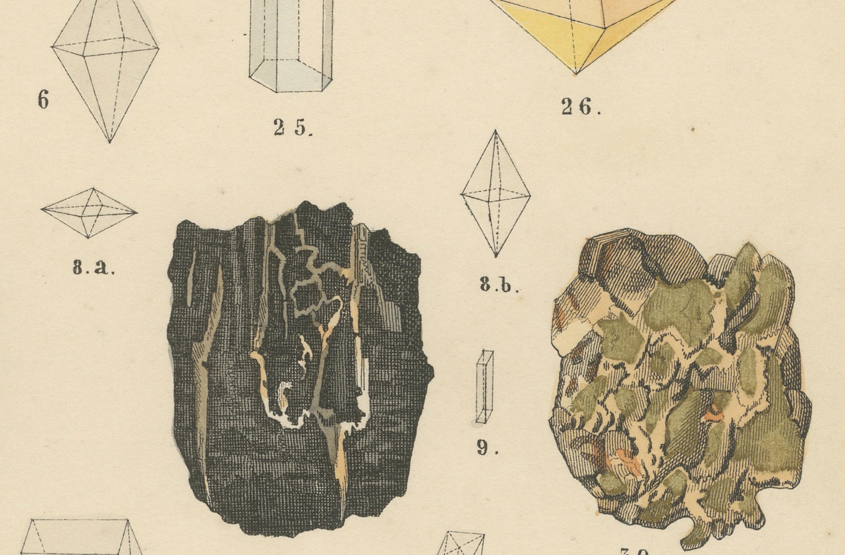 Mid-19th Century Minerals & Crystals Print: Quartz, Calcite, Ore Rocks, Crystal Shapes – 1867 For Sale