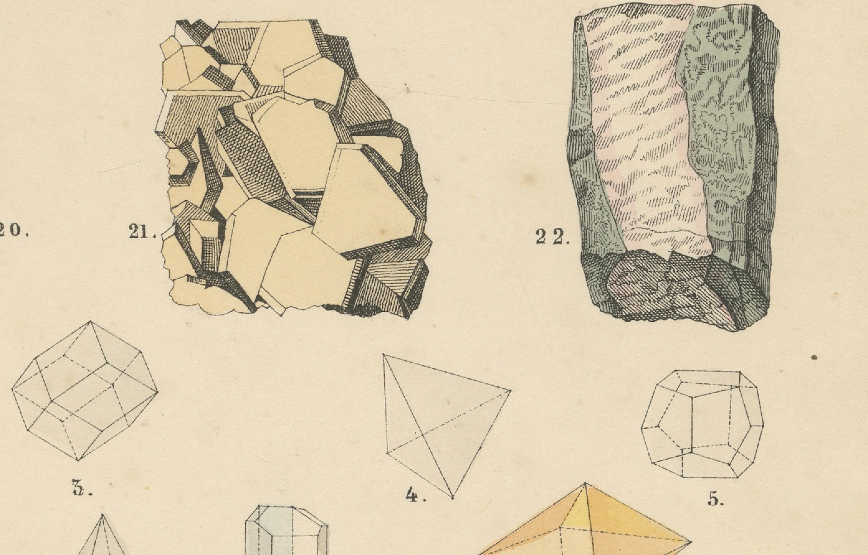 Paper Minerals & Crystals Print: Quartz, Calcite, Ore Rocks, Crystal Shapes – 1867 For Sale