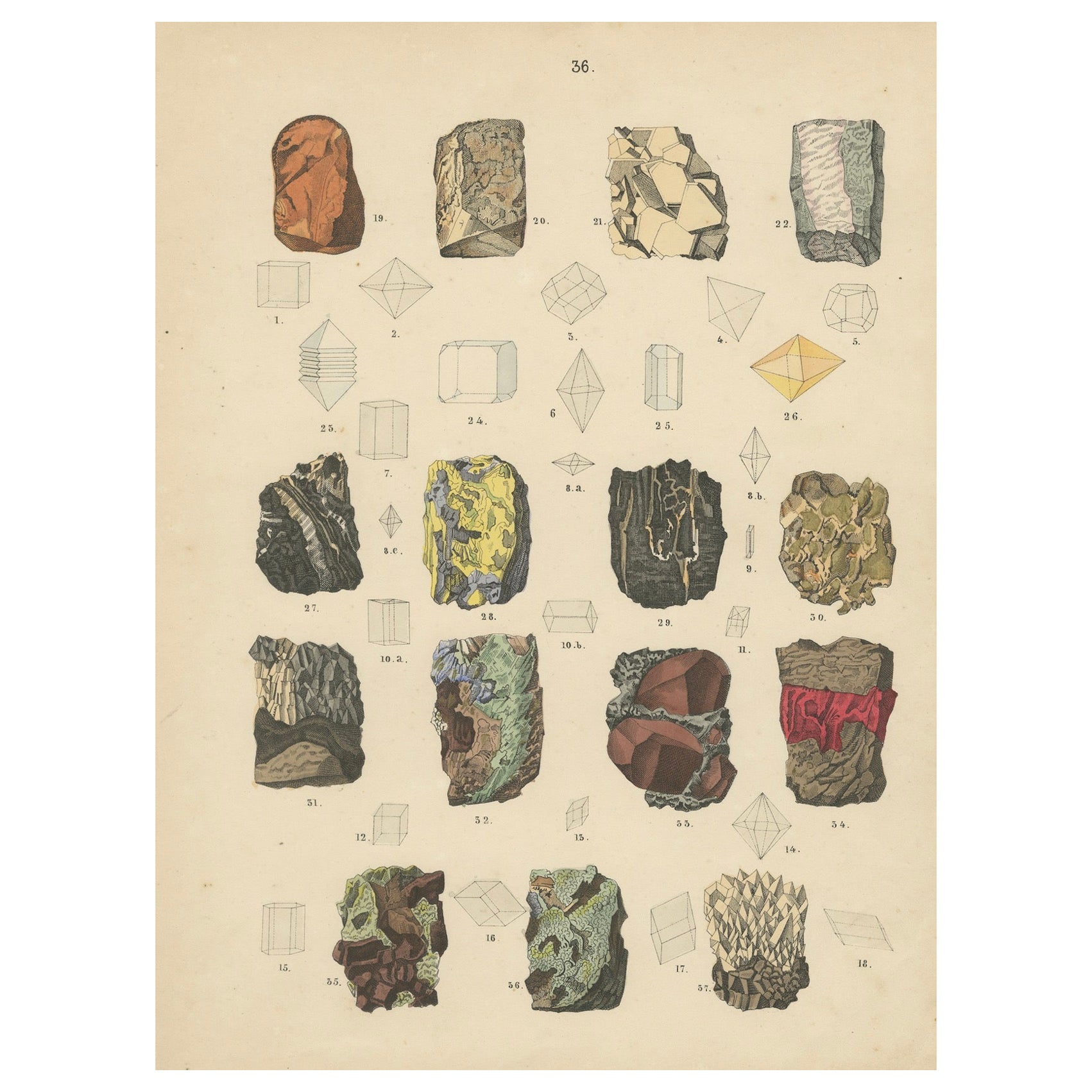 Minerals & Crystals Print: Quartz, Calcite, Ore Rocks, Crystal Shapes – 1867 For Sale