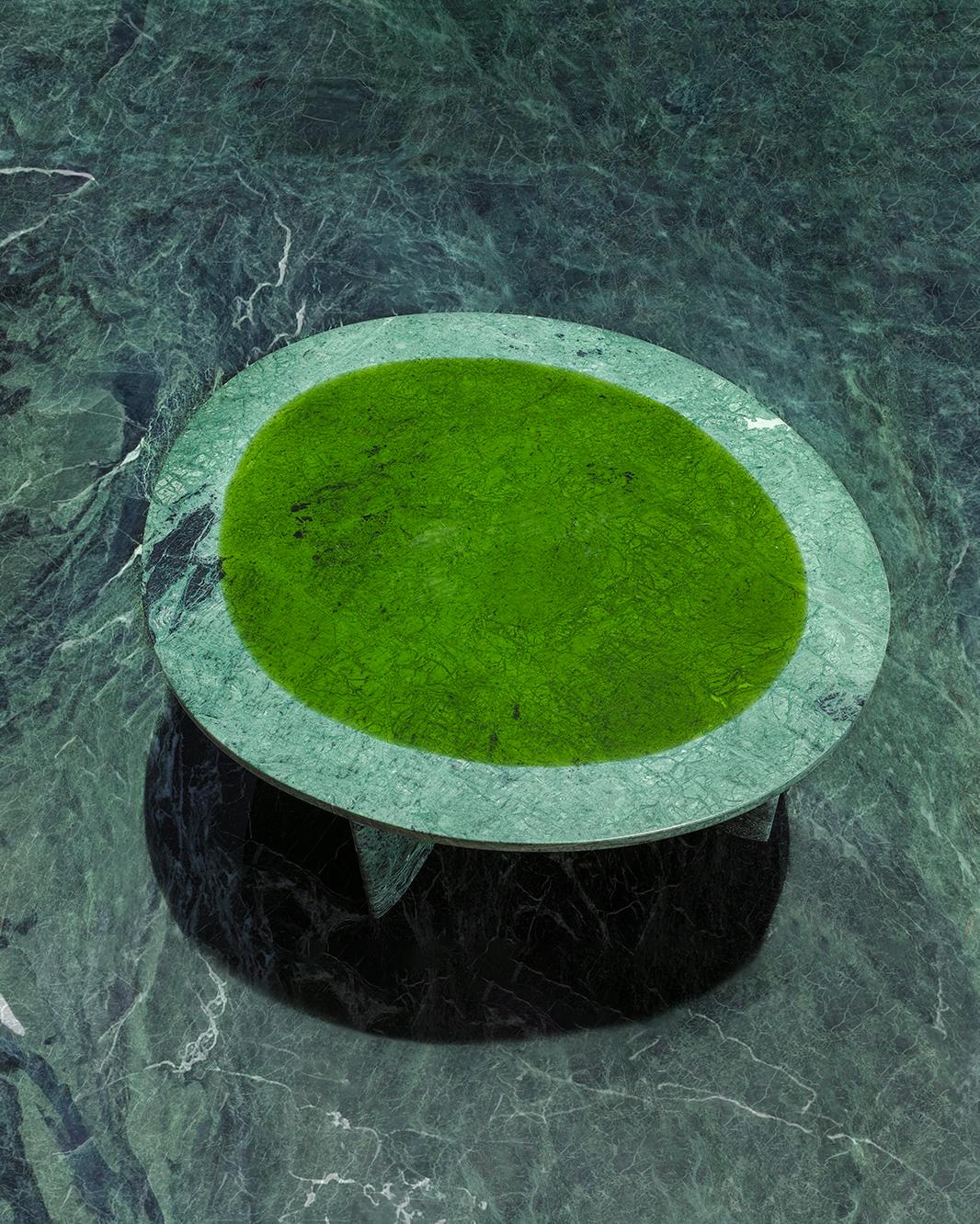Minerals Green Low Table by Carla Baz
Entirely handcrafted in solid marble with resin inlay.
Dimensions: L 136 x W 75 x H 35/45 CM
Weight: 65 kg
Material: Brescia Viola Marble, resin.
Also available in other shapes: round, rounded square.

The