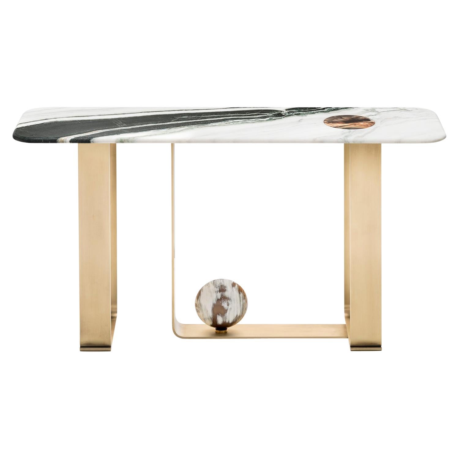 Designed by nature and perfected by expert master craftsmen, our Minerva console table will make a superb addition to a hallway or under a grand mirror. Featuring an elegant top in satin Dalmata Marble with an unprecedented marquetry in Corno