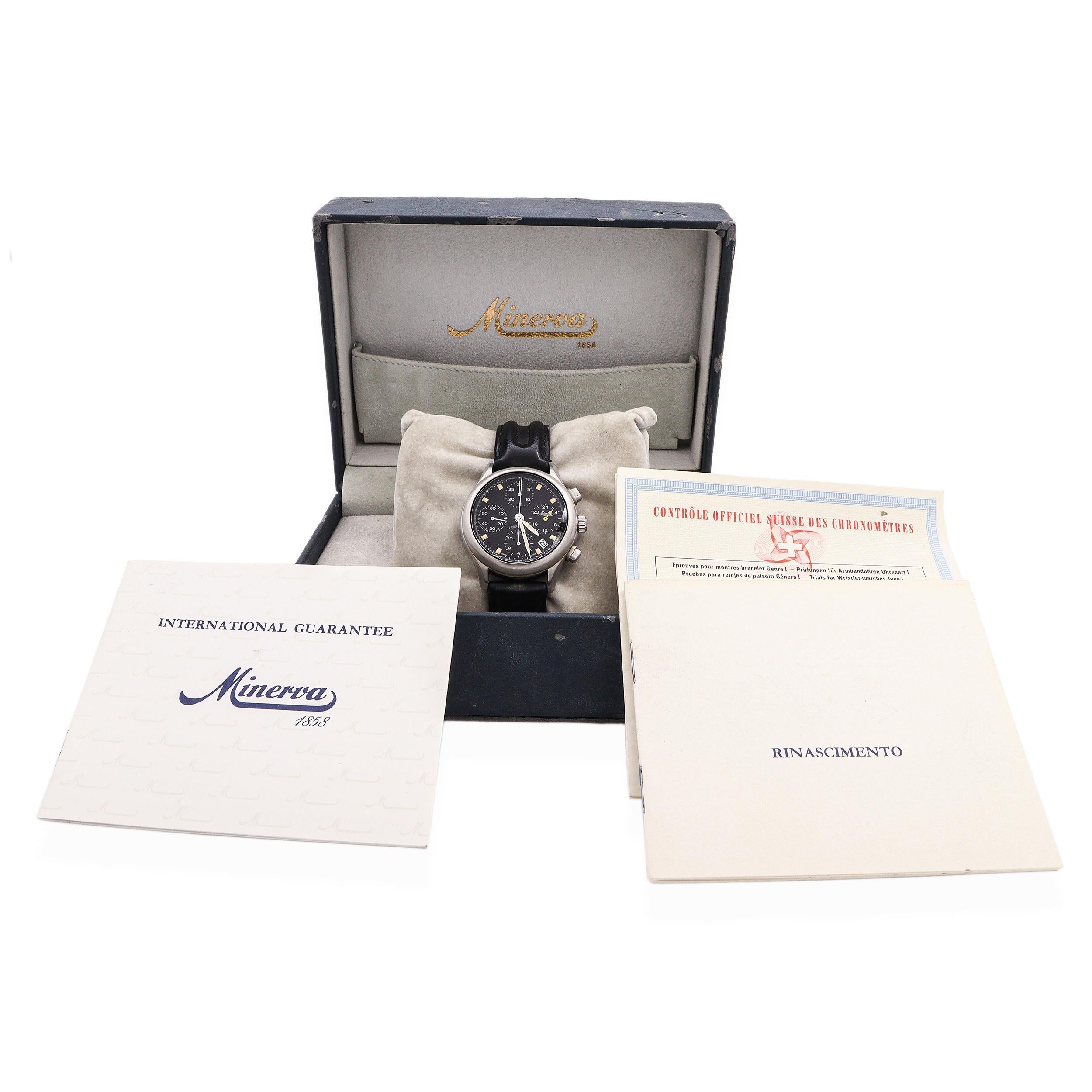 Eine außergewöhnliche Minerva Official Chronometer A241 Automatik-Chronographen-Armbanduhr, präsentiert mit Originalbox, Garantie und Chronometerzertifikat. Die Uhr besitzt ein Edelstahlgehäuse mit verschraubtem Boden und der Gravur 