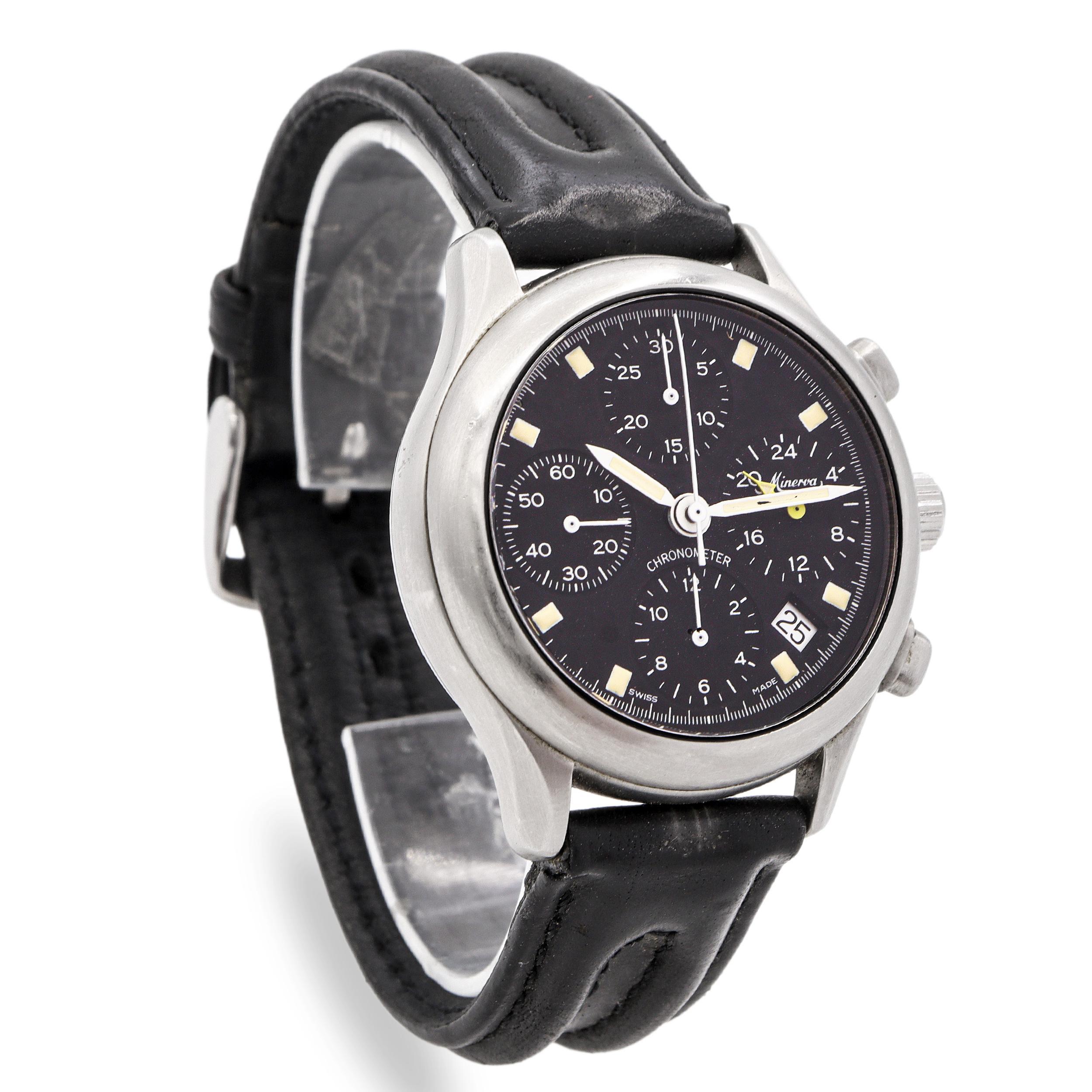 Minerva Official Chronometer Edelstahl Chronograph Automatikuhr A241 für Damen oder Herren im Angebot