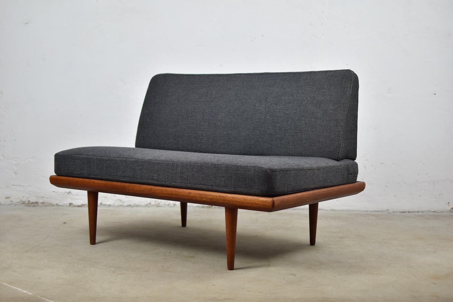 Sofa designed by Peter Hvidt & Orla Mølgaard-Nielsen for France & Son, Denmark, 1960s. This is model ‘Minerva’ and is made out of teak. The cushions are freshly reupholstered with a grey wool fabric. Nice open back with chromed metal parts.