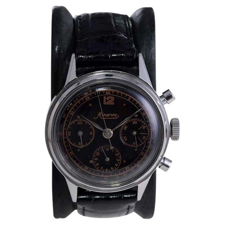 Minerva Stainless Steel Art Deco 3 Register Chronograph, circa 1940's In Excellent Condition For Sale In Long Beach, CA
