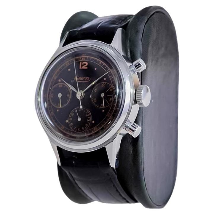 Minerva Stainless Steel Art Deco 3 Register Chronograph, circa 1940
s