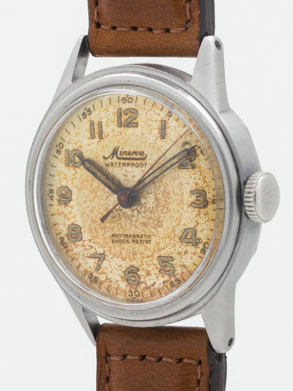 
Minerva Swiss medium size 32mm diameter circa 1940’s manual wind Swiss watch with screw down caseback, acrylic crystal, and with distinctive original 2 tone dial  that has aged gracefully with rich and beautiful rust and ochre tones.  An all