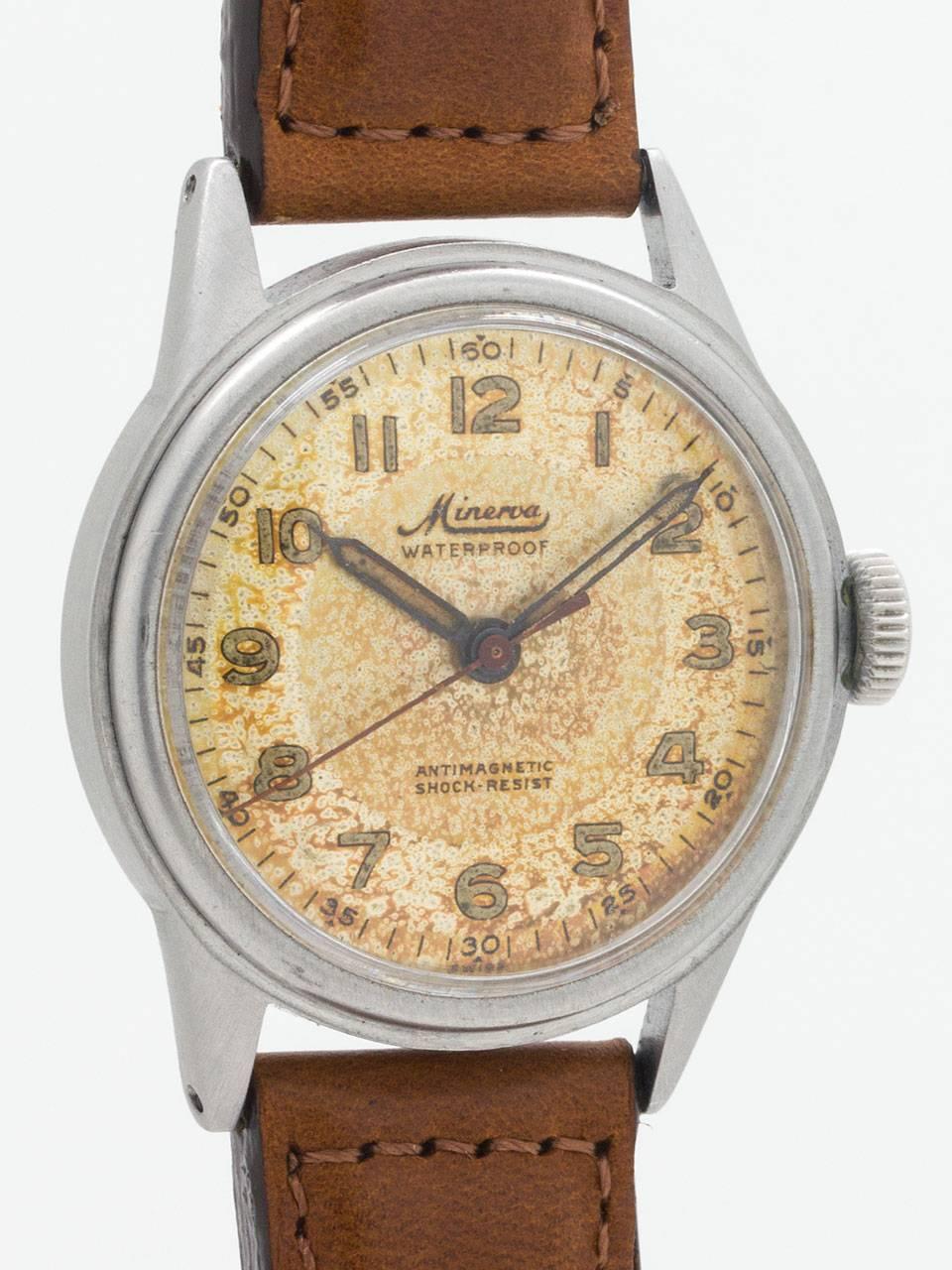 Minerva Swiss Patina Dial, circa 1940s In Excellent Condition In West Hollywood, CA