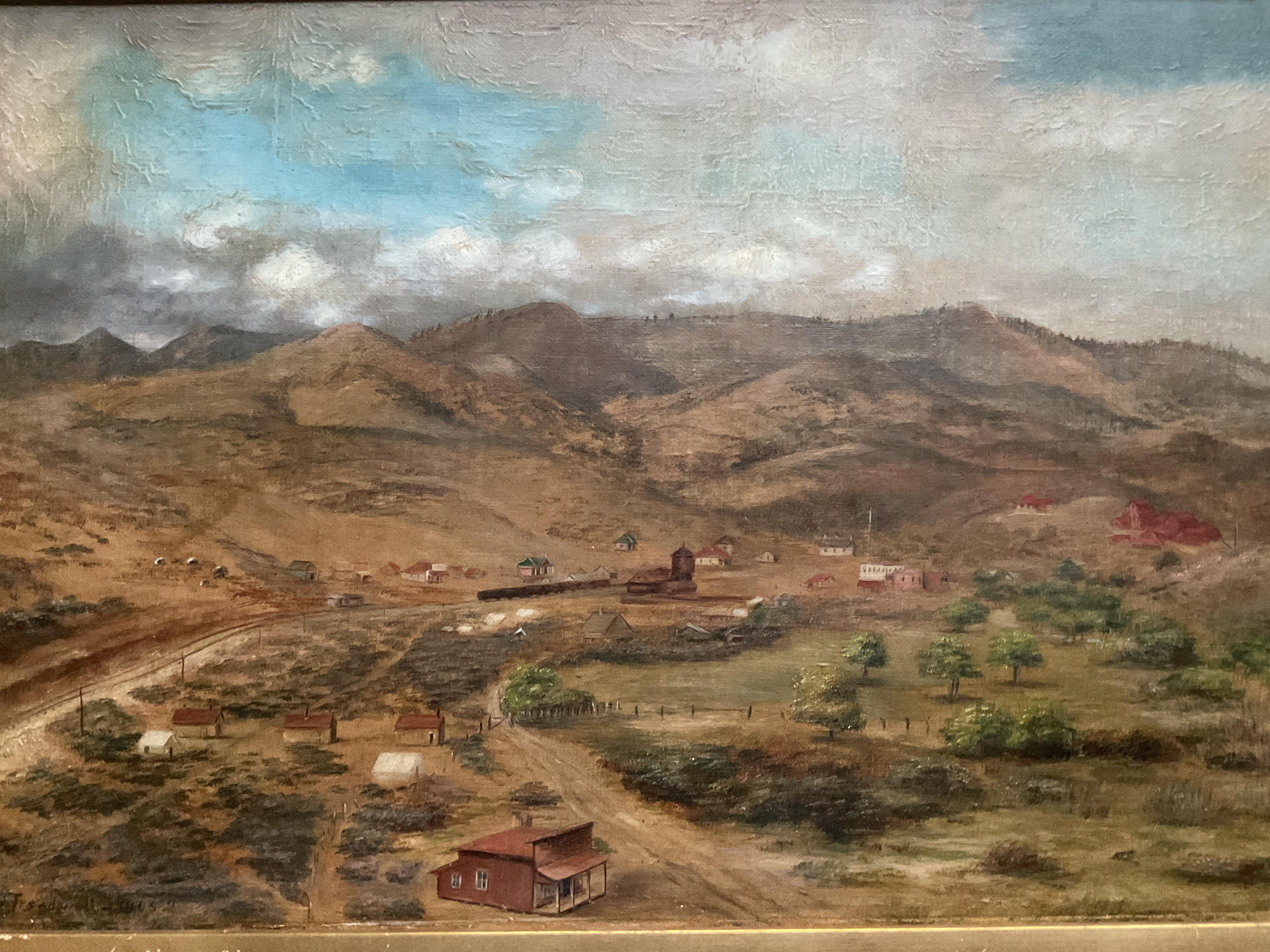 Rare California or Western Mining Town Oil Painting by Listed Artist M Treadwell - Brown Landscape Painting by Minerva Treadwell