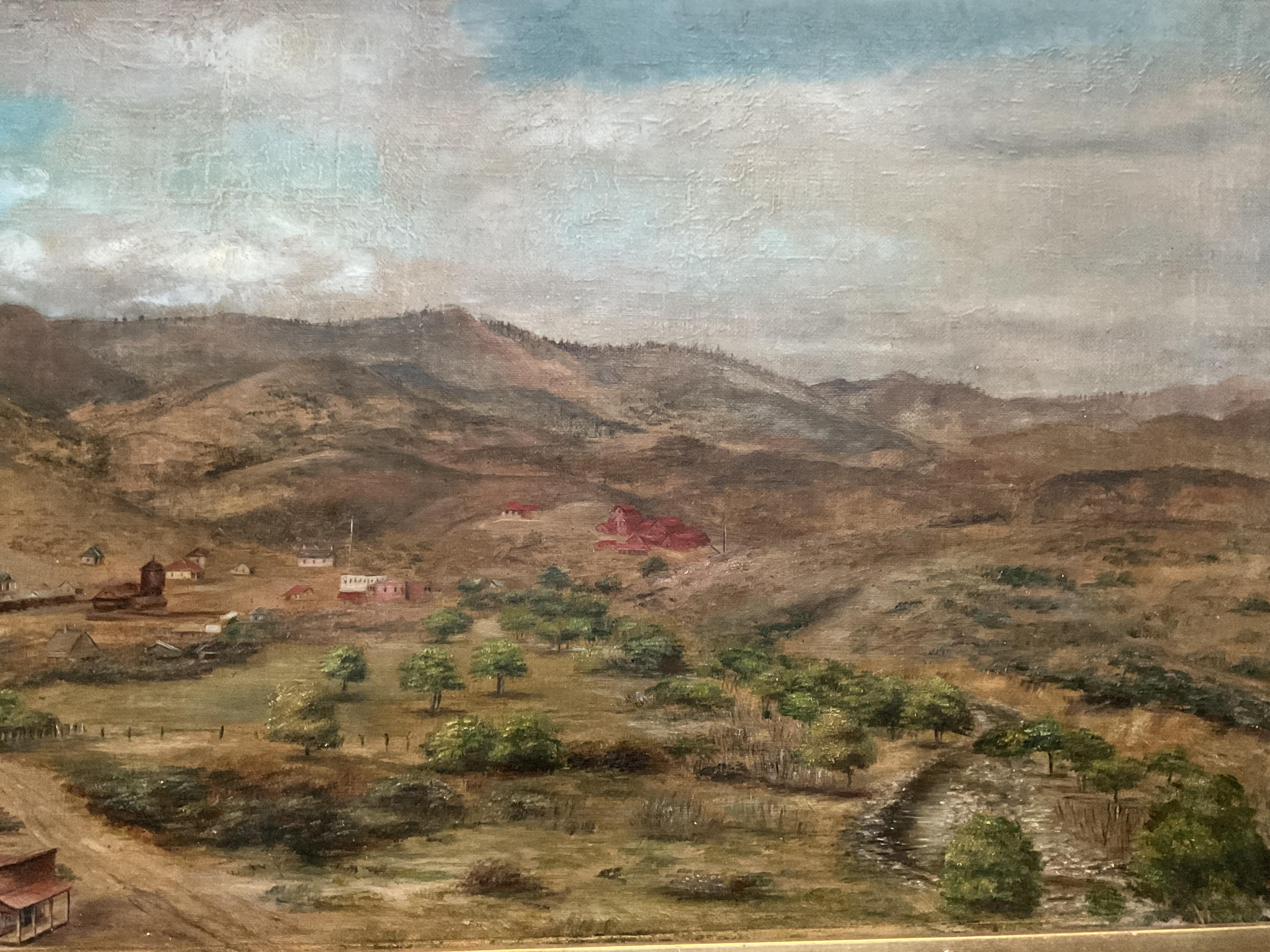 This rare and unusual landscape painting shows a broad view of a mining town and its setting in the Western United States, most likely California or Arizona.  It is signed by listed California artist Minerva Treadwell and dated 1905.

Minerva