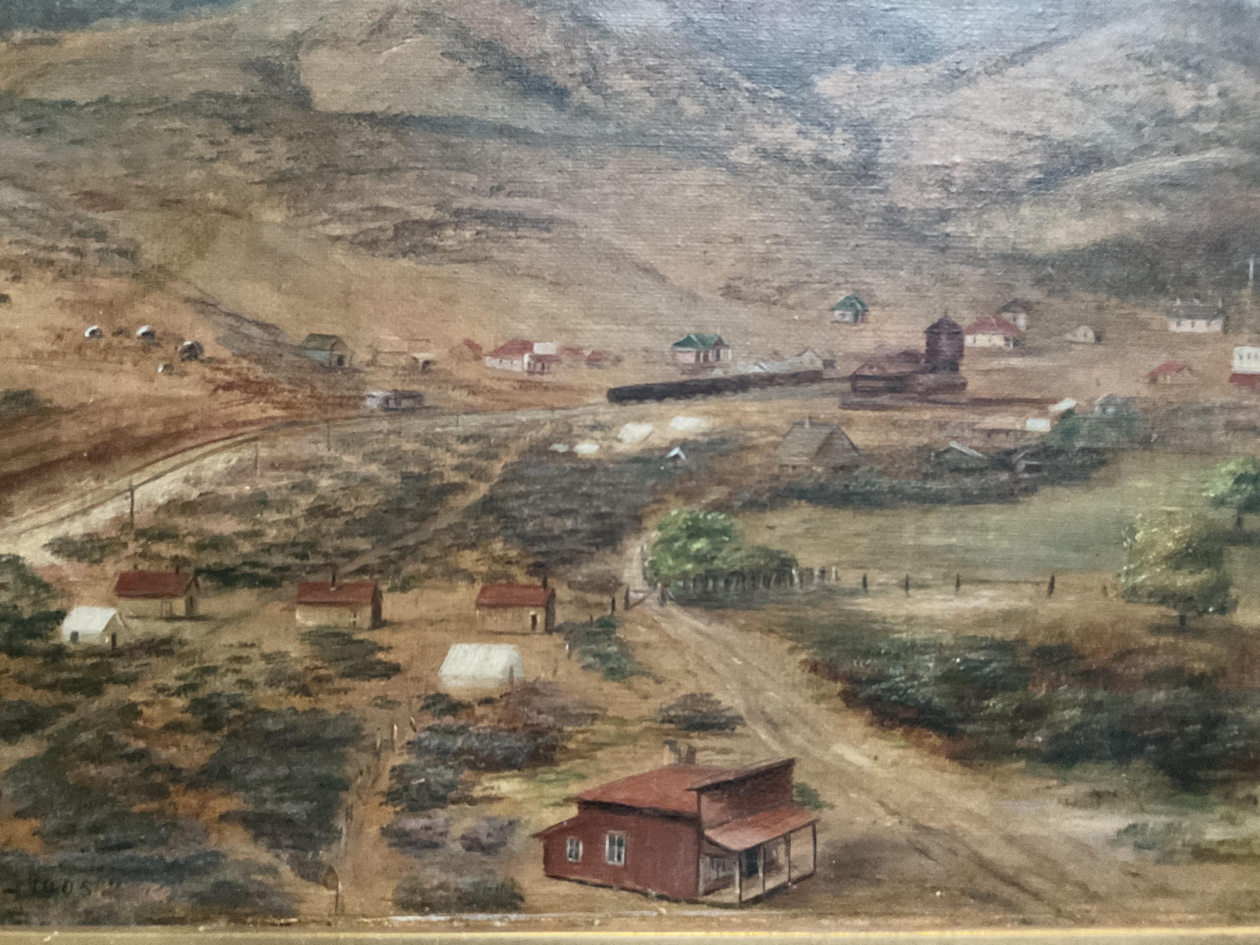 Rare California or Western Mining Town Oil Painting by Listed Artist M Treadwell For Sale 2