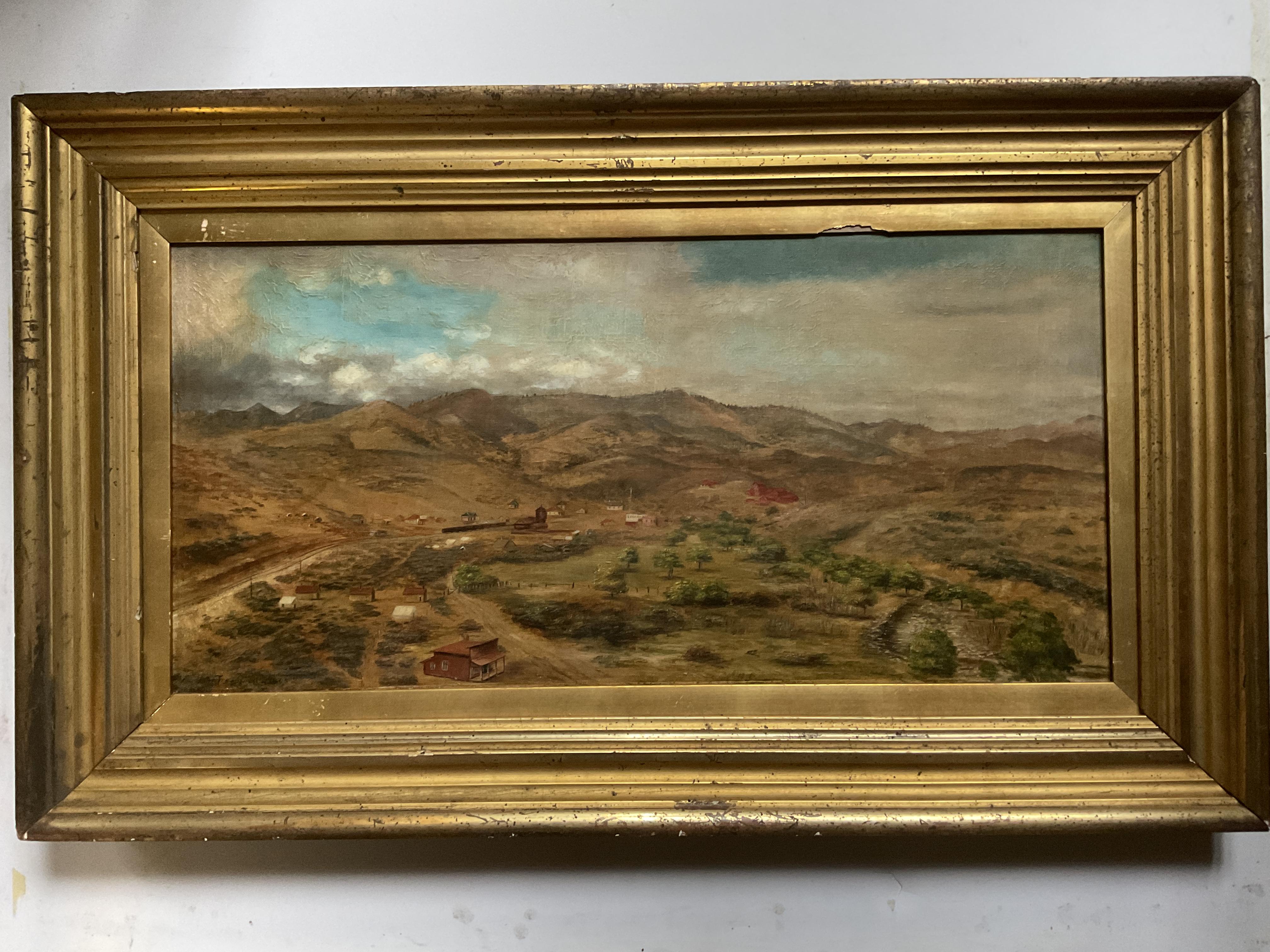 Rare peinture à l'huile de l'artiste répertorié M Treadwell représentant des villes minières de Californie ou de l'Ouest