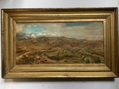Rare peinture à l'huile de l'artiste répertorié M Treadwell représentant des villes minières de Californie ou de l'Ouest