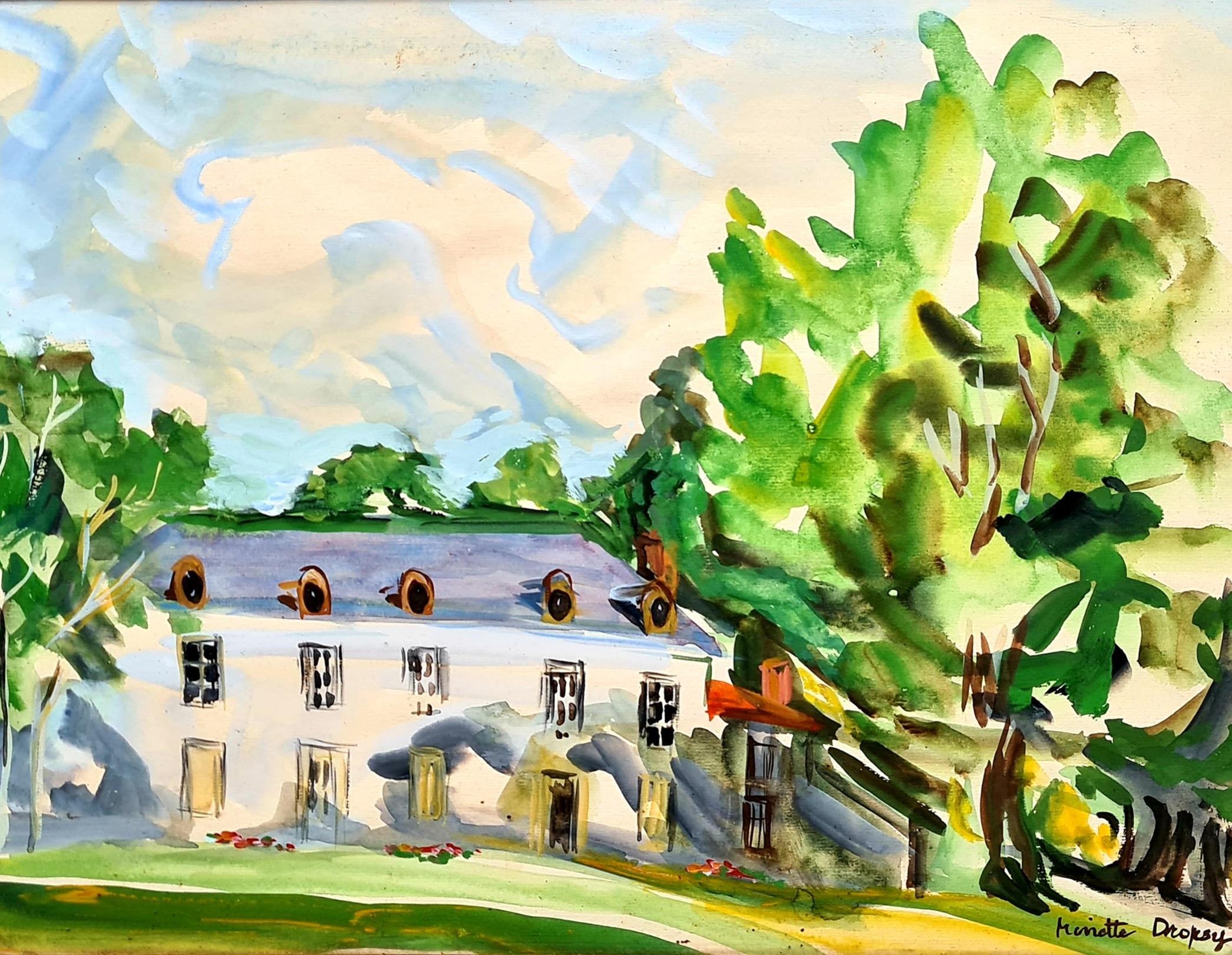 Mid 20th Century French Landscape, Watercolour, The Bastide - Art by Minette Dropsy