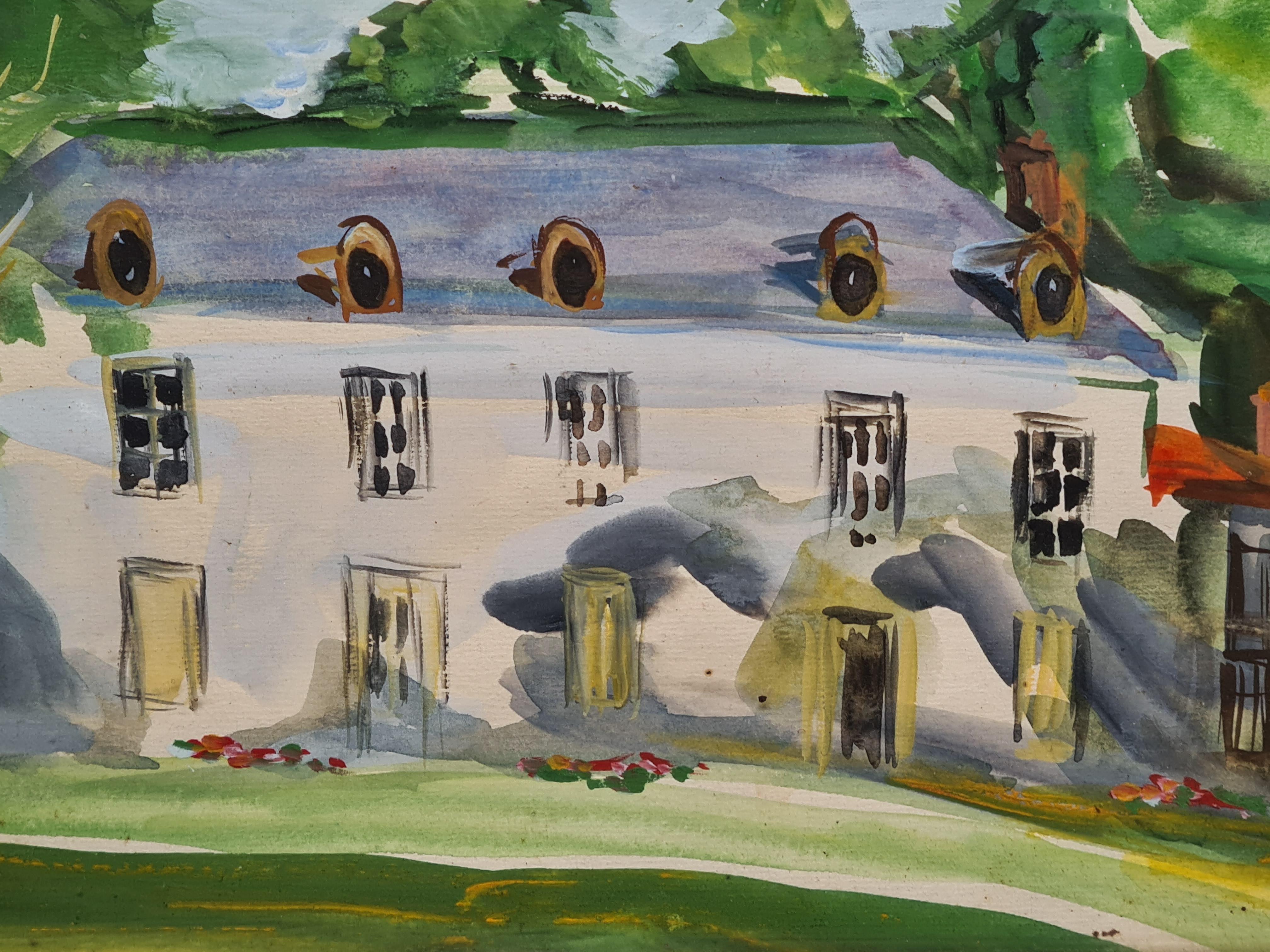 Mid 20th Century French Landscape, Watercolour, The Bastide - Brown Landscape Art by Minette Dropsy