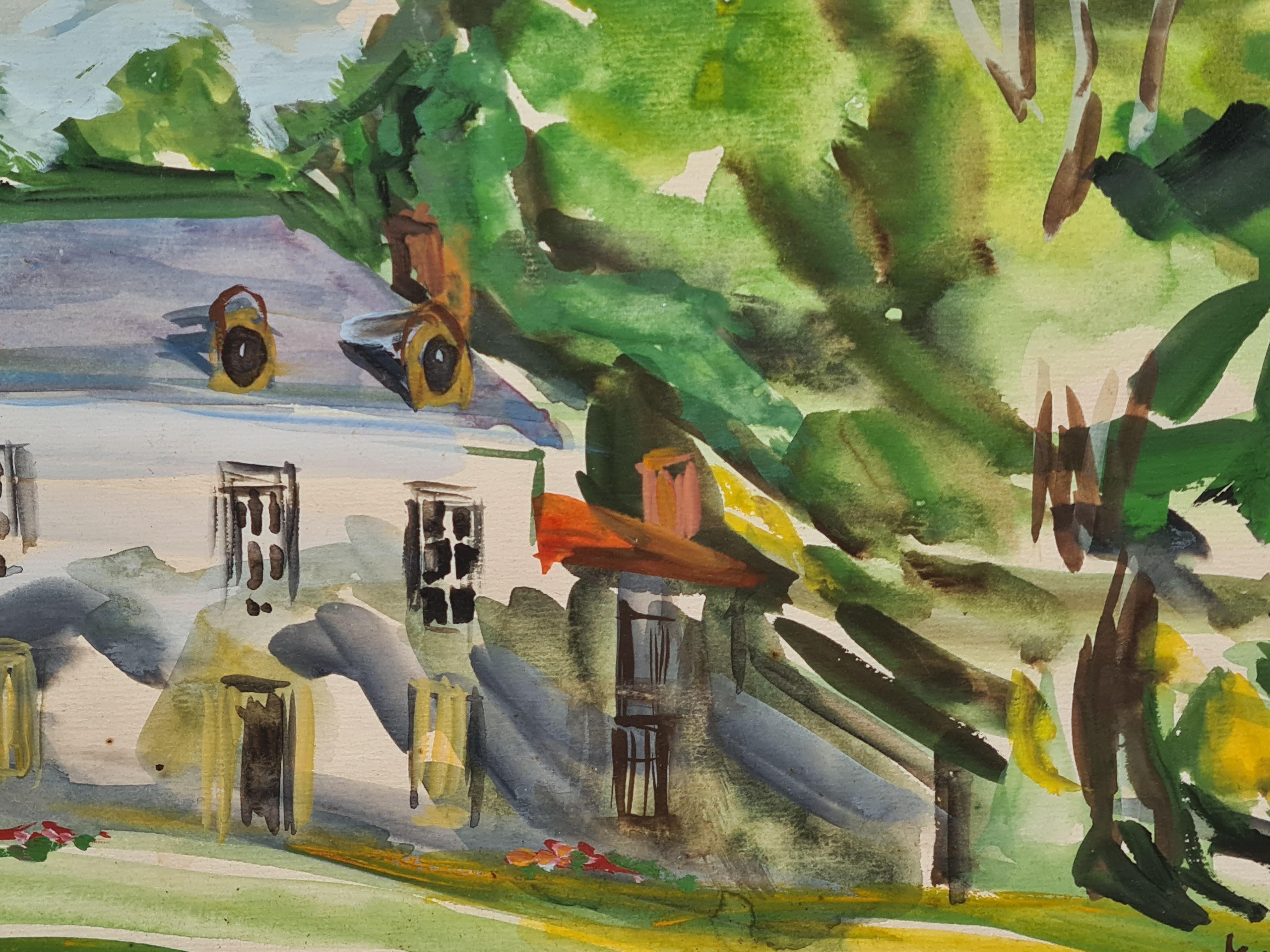 French watercolour on paper view of a manor house or bastide in a rural landscape. The painting is signed bottom right and presented in a fine gilded wood frame with a hessian cloth insert under glass. There is a label to the back of the frame from
