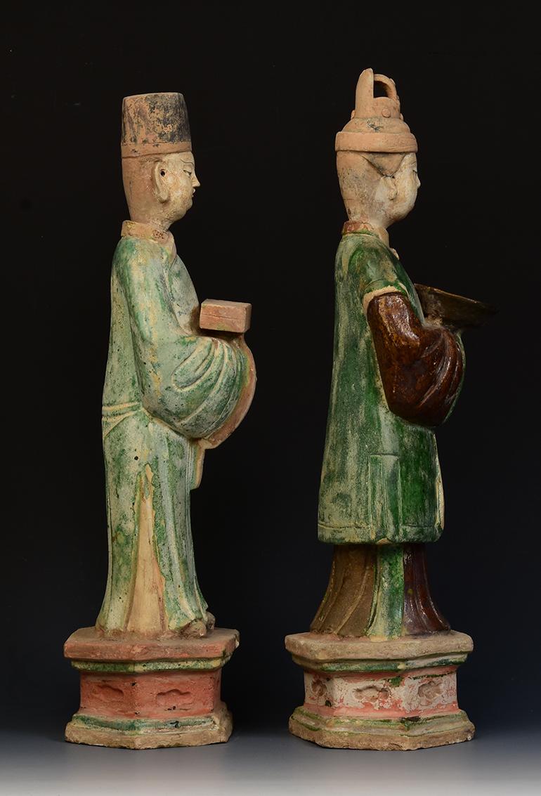 Ming Dynasty, A Pair of Antique Chinese Painted Pottery Court Man and Court Lady 6