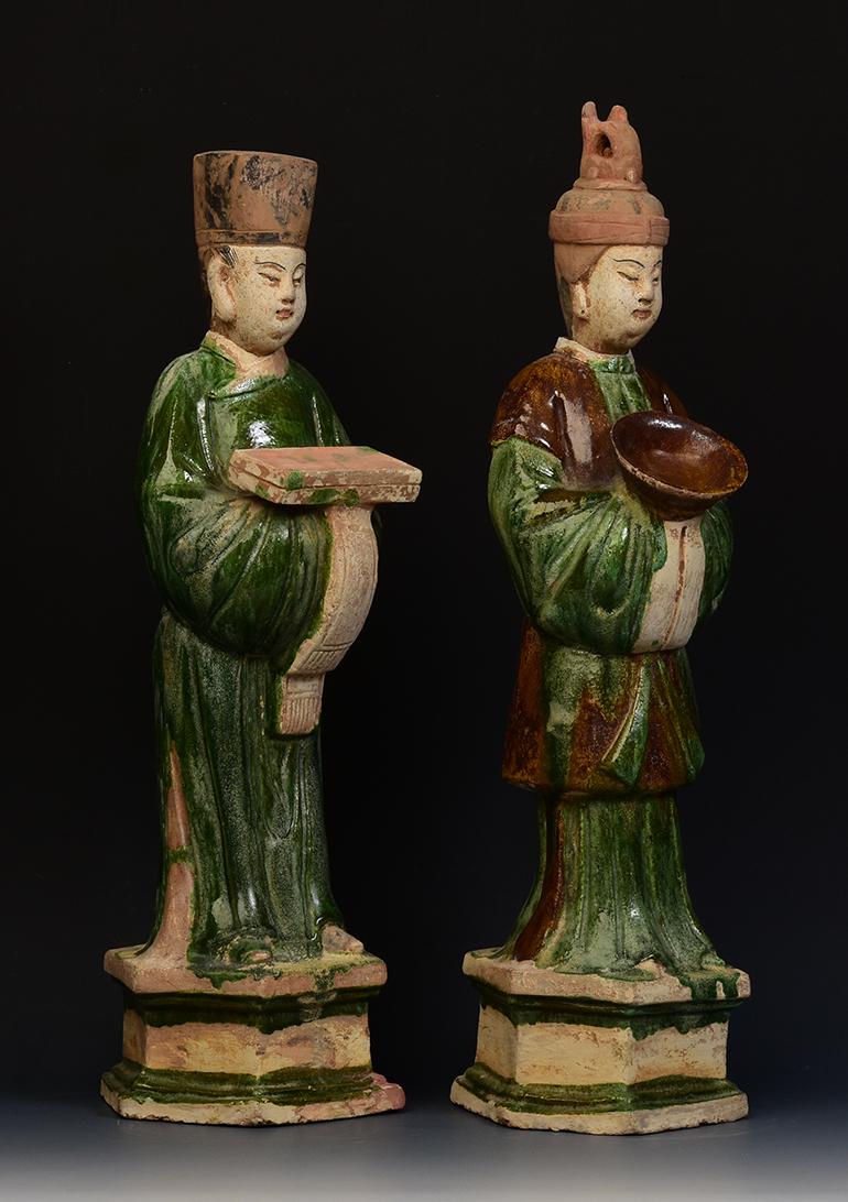 Ming Dynasty, a Pair of Antique Chinese Painted Pottery Court Man and Court Lady 6