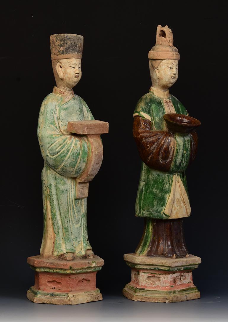 Ming Dynasty, A Pair of Antique Chinese Painted Pottery Court Man and Court Lady 7