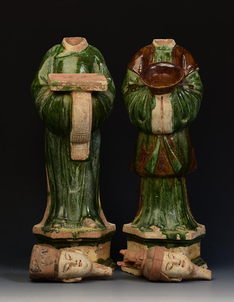 Ming Dynasty, a Pair of Antique Chinese Painted Pottery Court Man and Court Lady 7