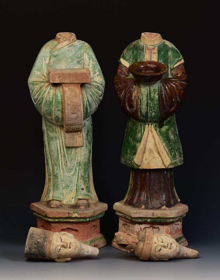 Ming Dynasty, A Pair of Antique Chinese Painted Pottery Court Man and Court Lady 8
