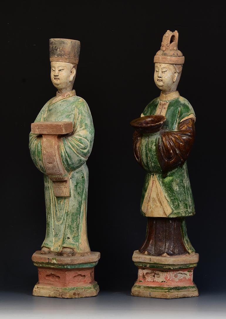 Ming Dynasty, A Pair of Antique Chinese Painted Pottery Court Man and Court Lady 3