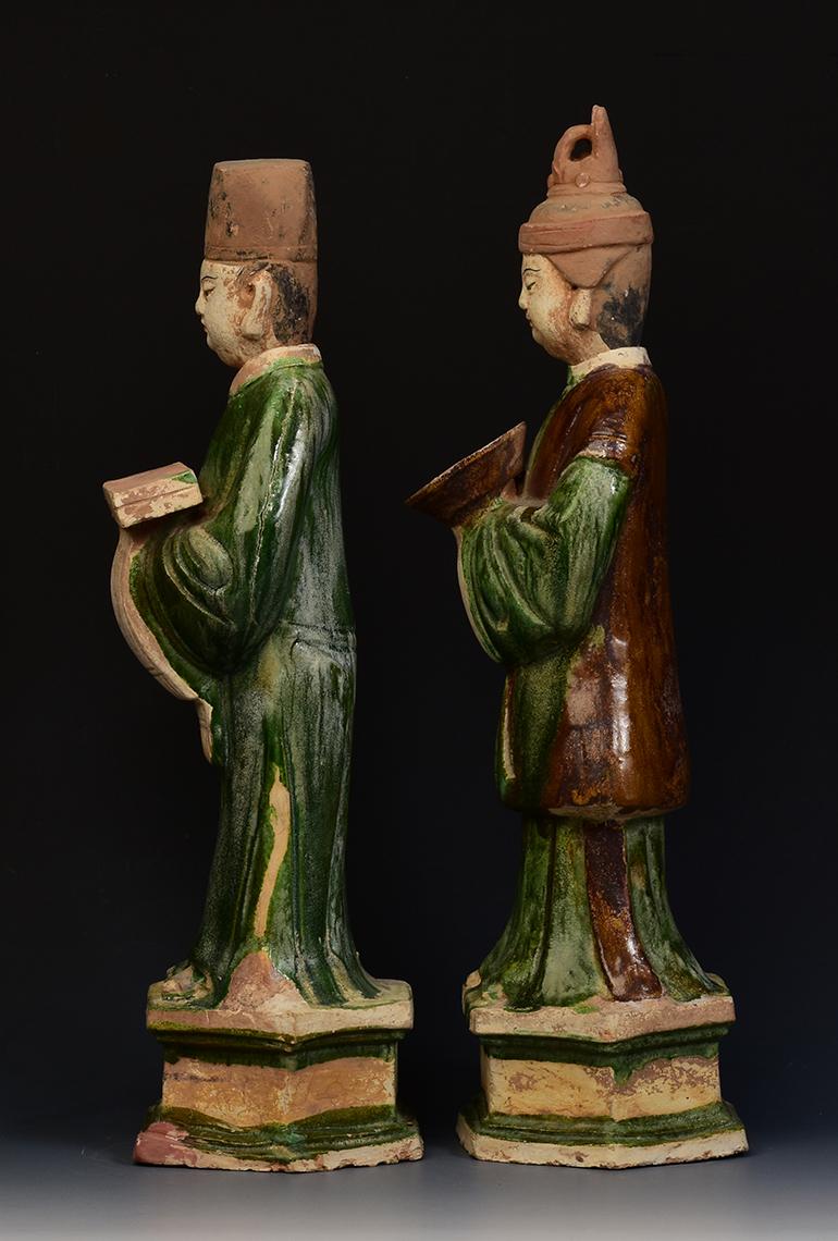 Ming Dynasty, a Pair of Antique Chinese Painted Pottery Court Man and Court Lady 3
