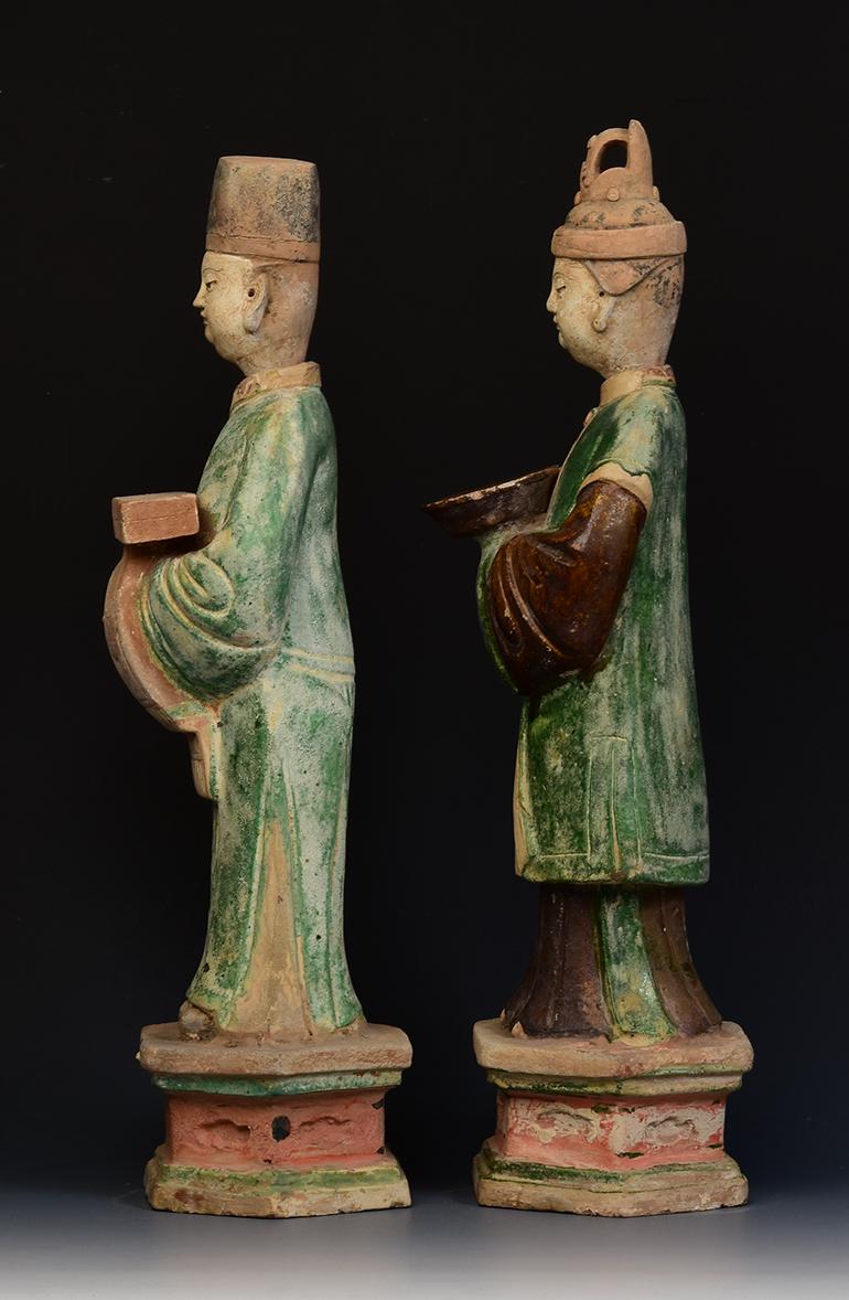 Ming Dynasty, A Pair of Antique Chinese Painted Pottery Court Man and Court Lady 4
