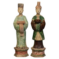 Ming Dynasty, A Pair of Antique Chinese Painted Pottery Court Man and Court Lady