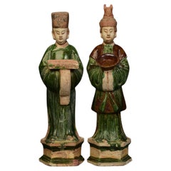 Ming Dynasty, a Pair of Antique Chinese Painted Pottery Court Man and Court Lady