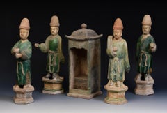 Ming Dynasty, A Set of Antique Chinese Glazed Pottery Attendants and Palanquin