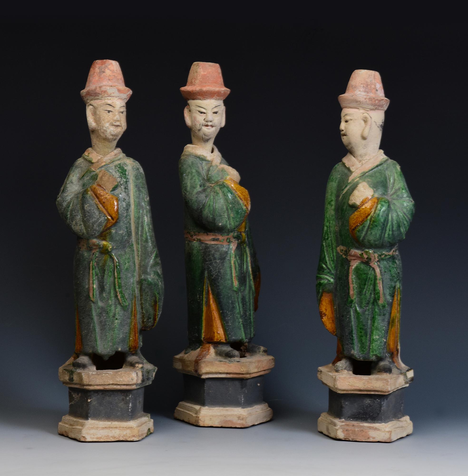 Ming Dynasty, A Set of Antique Chinese Green Glazed Pottery Standing Court Man 8