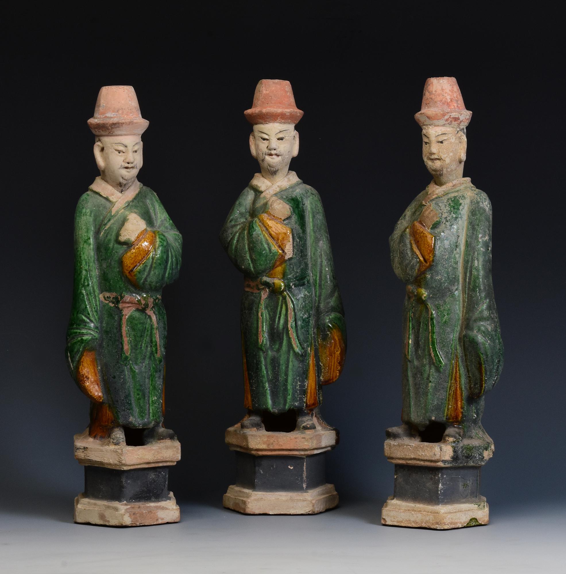 Ming Dynasty, A Set of Antique Chinese Green Glazed Pottery Standing Court Man 9