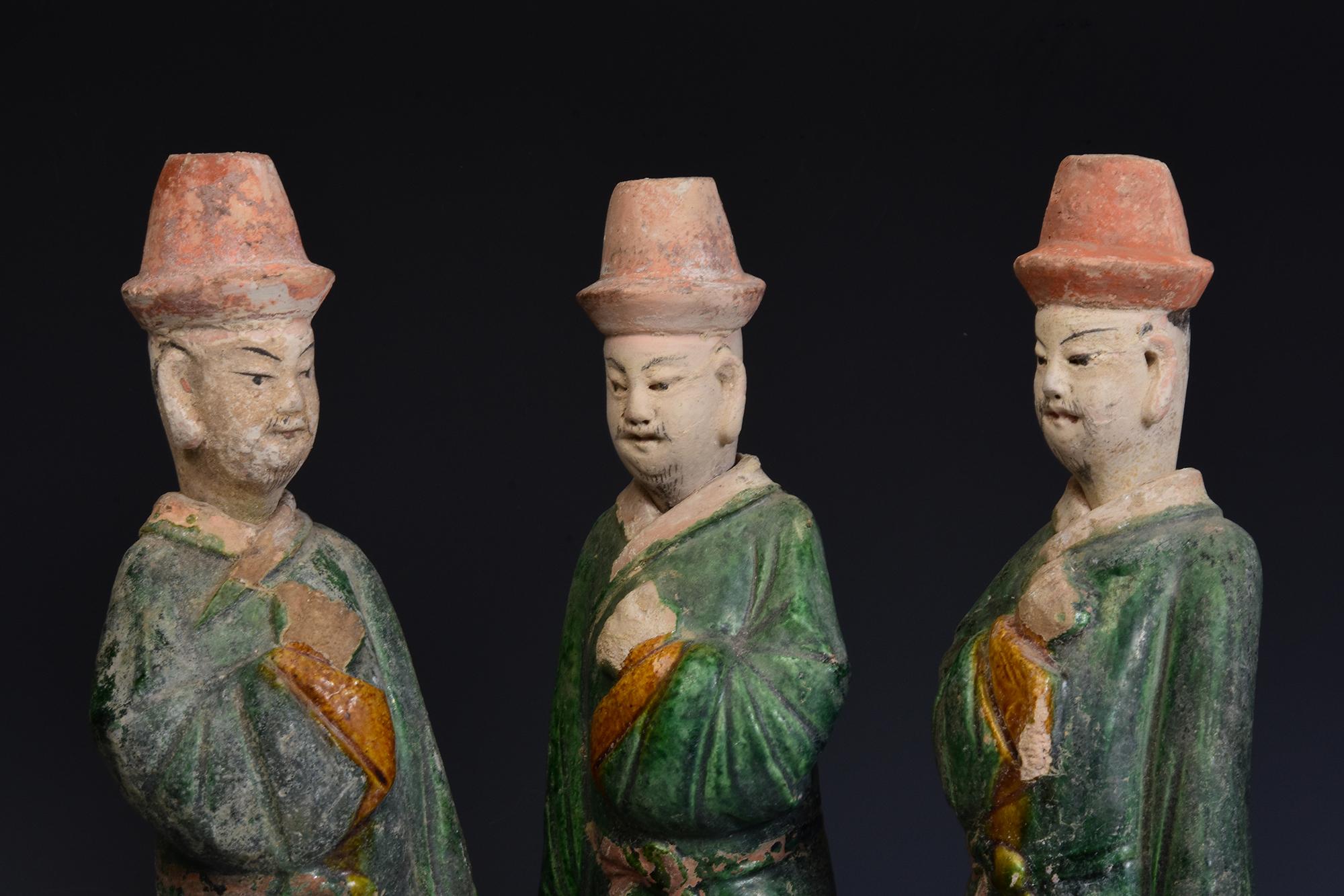 Hand-Carved Ming Dynasty, A Set of Antique Chinese Green Glazed Pottery Standing Court Man