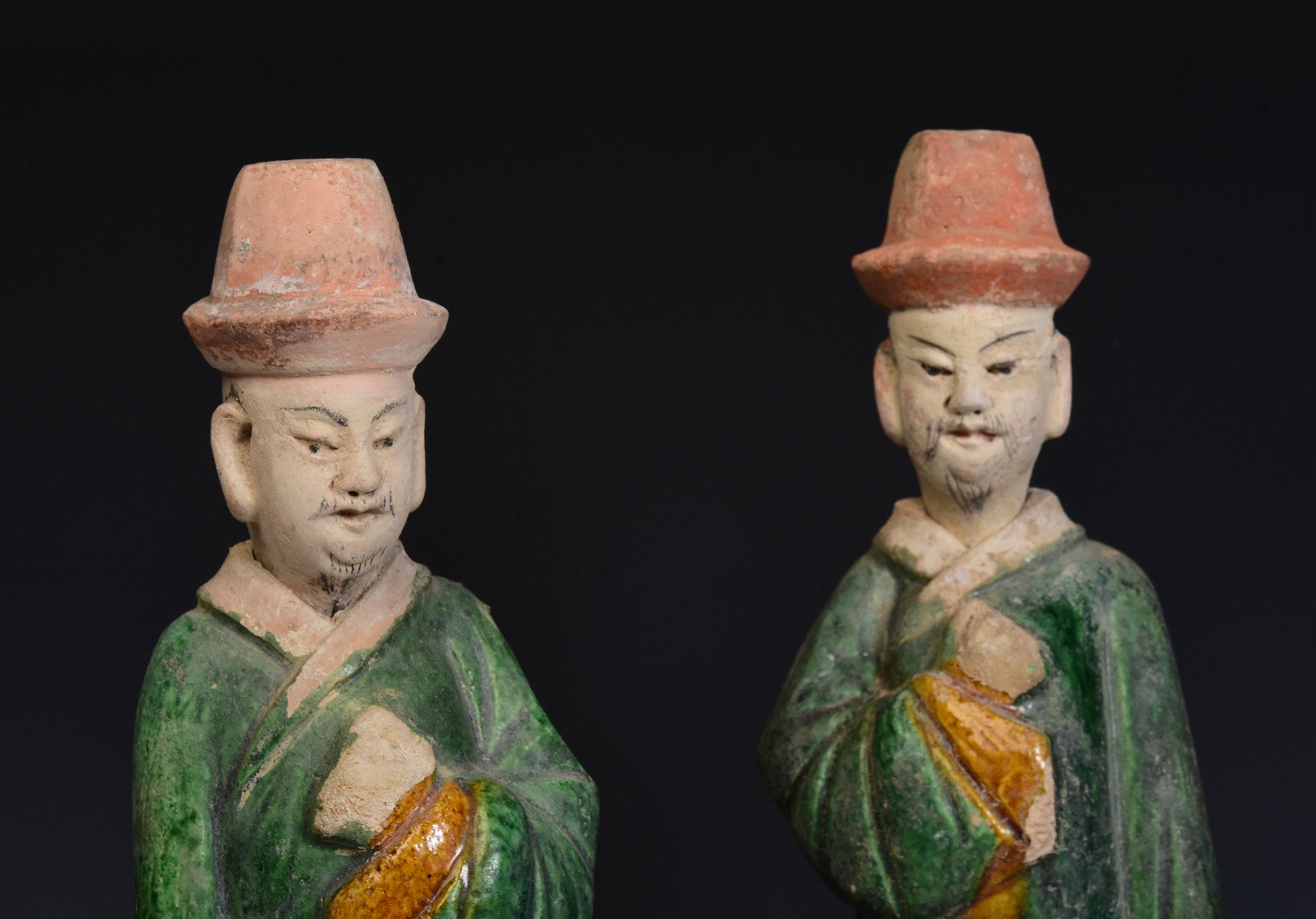 18th Century and Earlier Ming Dynasty, A Set of Antique Chinese Green Glazed Pottery Standing Court Man
