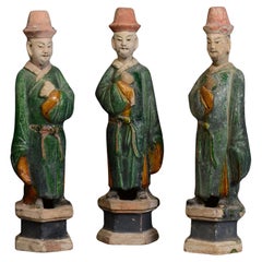 Ming Dynasty, A Set of Antique Chinese Green Glazed Pottery Standing Court Man