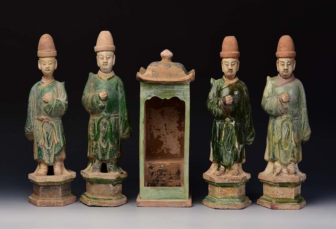 Ming Dynasty, A Set of Antique Chinese Glazed Pottery Attendants and Palanquin 5