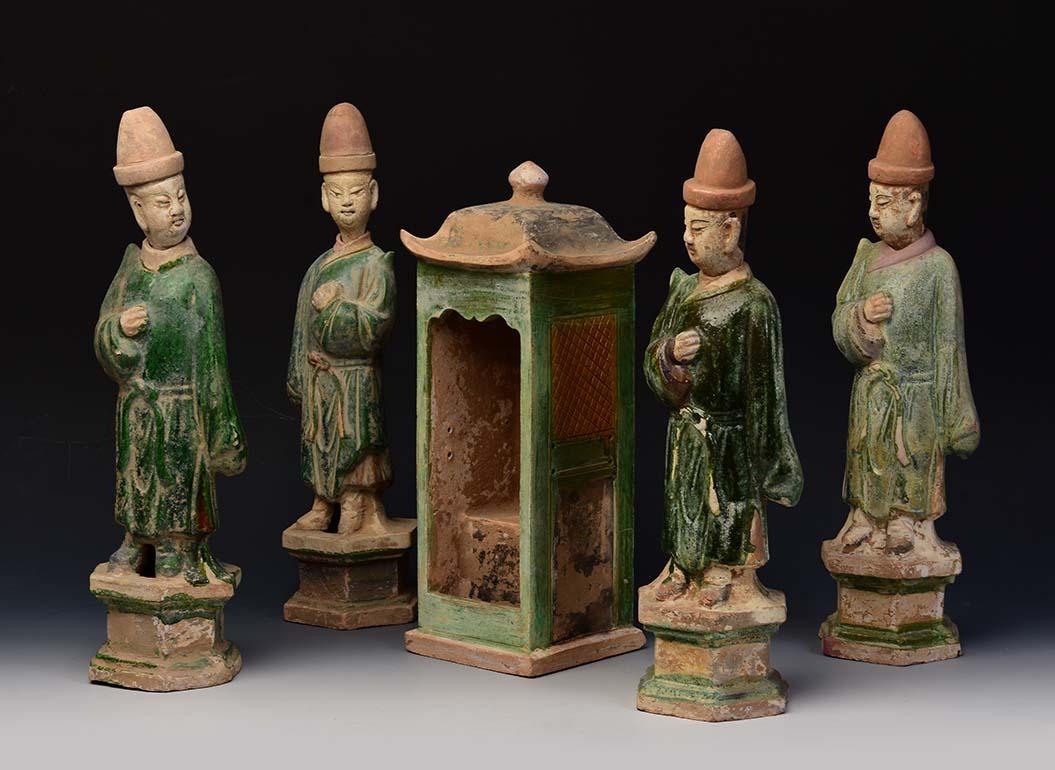 Ming Dynasty, A Set of Antique Chinese Glazed Pottery Attendants and Palanquin 4