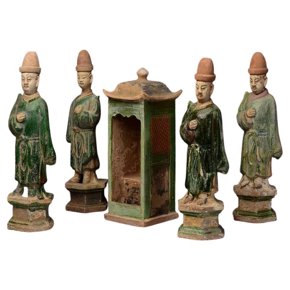 Ming Dynasty, A Set of Antique Chinese Glazed Pottery Attendants and Palanquin
