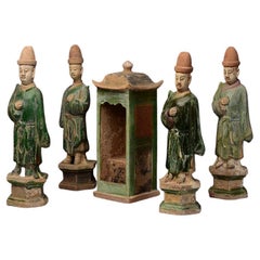 Ming Dynasty, A Set of Antique Chinese Painted Pottery Attendants and Palanquin