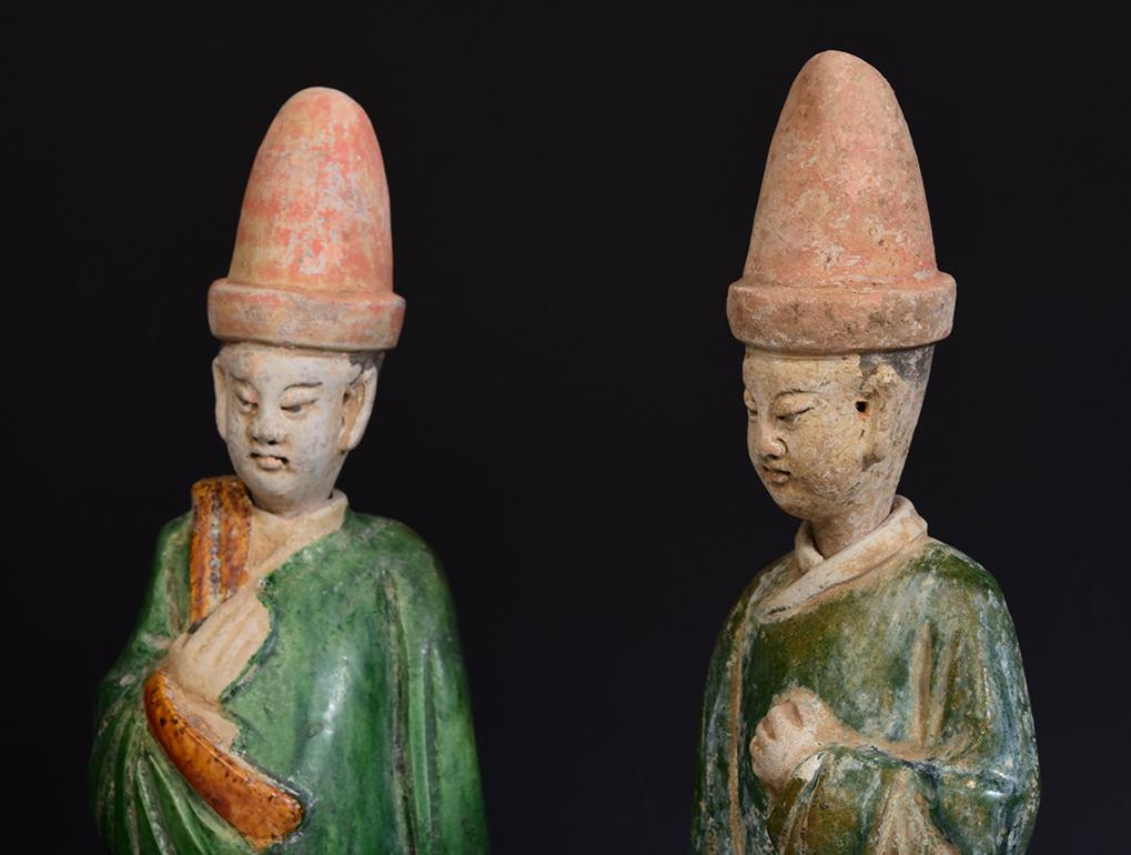 Hand-Carved Ming Dynasty, A Set of Antique Chinese Green Glazed Pottery Court Man